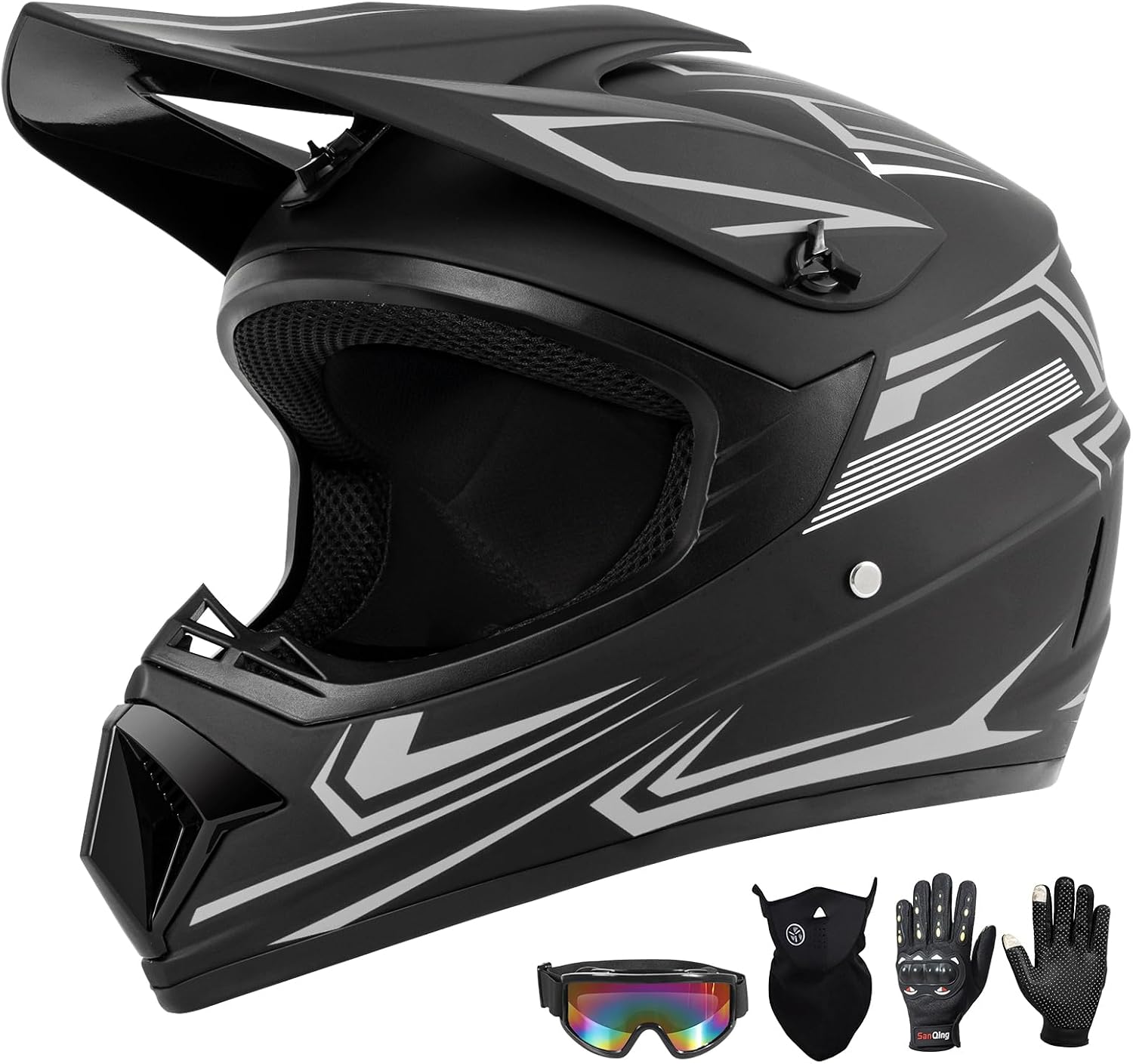 Youth Kids Dirt Bike Motocross Helmet (Goggles Gloves Face Mask) 4PCS Set, DOT Approved Full Face Motorcycle Helmets