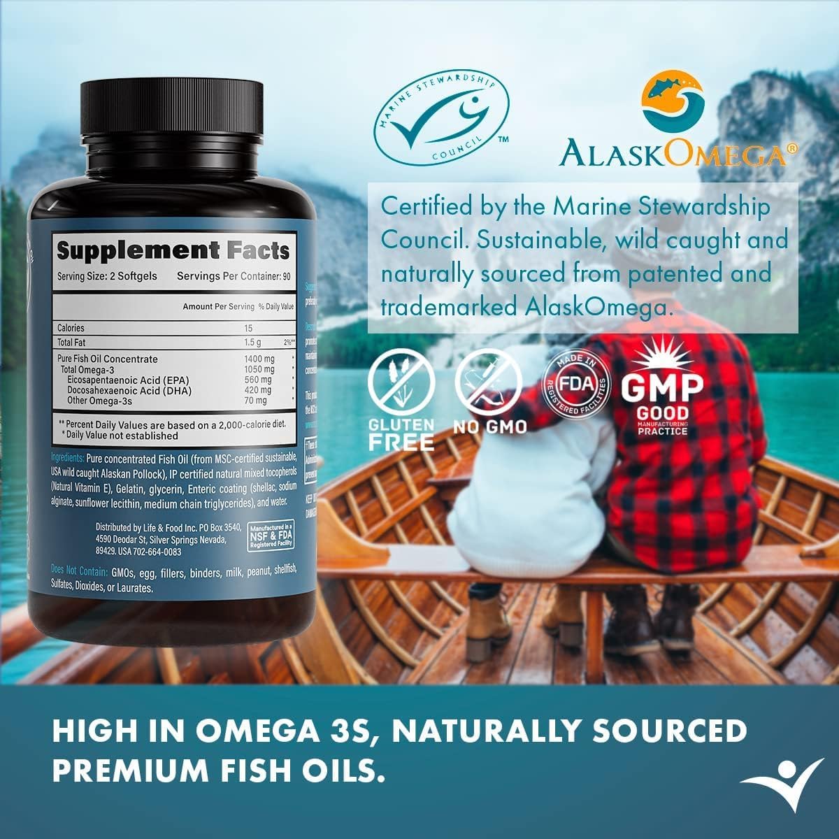 Omega-3 Supreme 1400 mg Wild Alaskan Fish Oil | Enteric Coated, Burpless | MSC Certified High EPA DHA, Improved Absorption & Heavy Metal Tested (3 Mo Supply,180 Softgels)