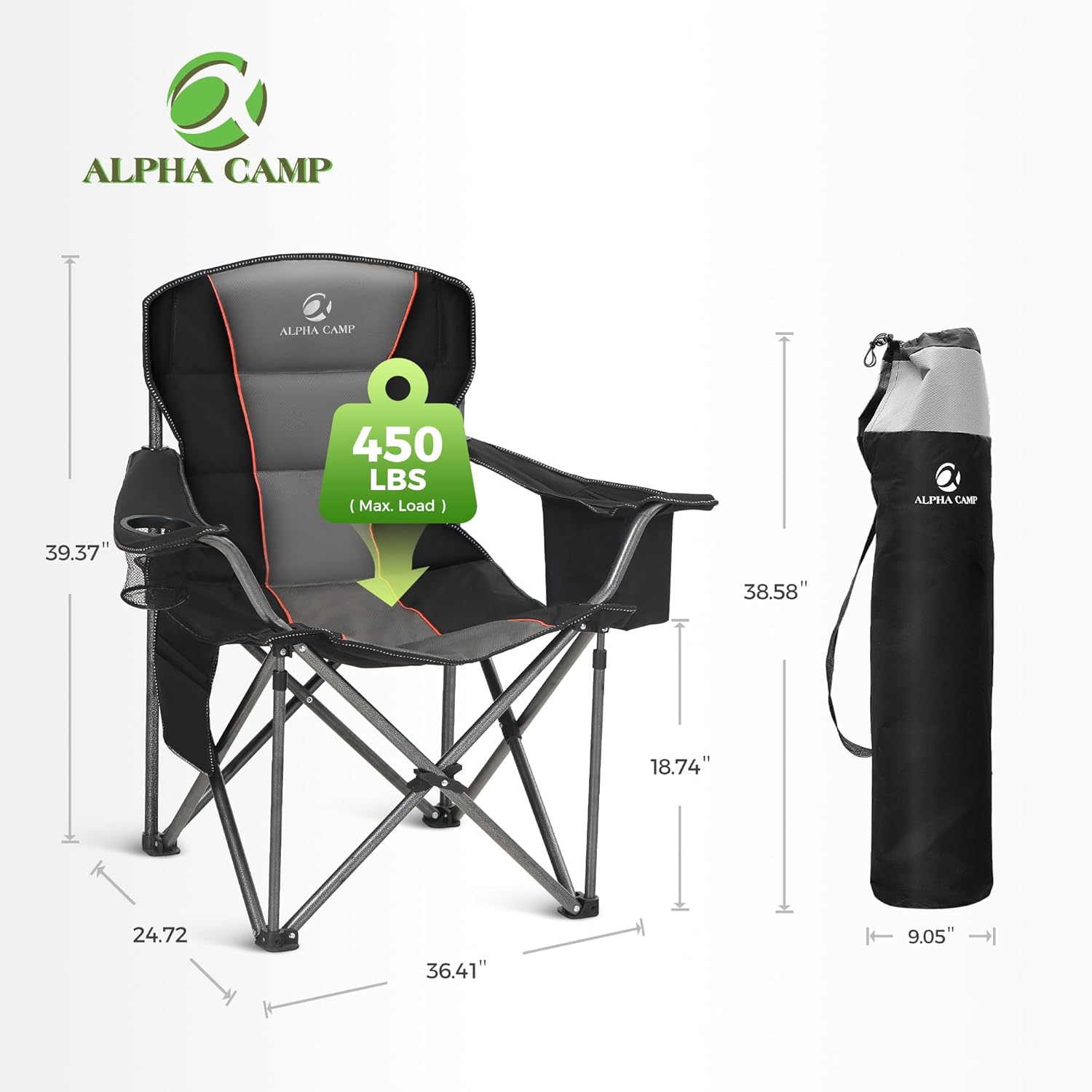 ALPHA CAMP Oversized Fully Padded Camping Chairs with Lumbar Support | Heavy duty 500 LBS, Steel Frame, Sturdy, Durable, Cooler Bag