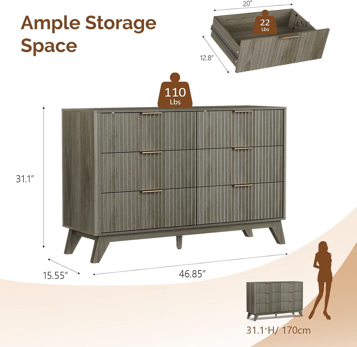 VINGLI Fluted Tall Dresser 5 Drawer, 23.66" W Chest of Drawers Gray Wood Dresser with Rounded Edges, Grey Dressers for Bedroom