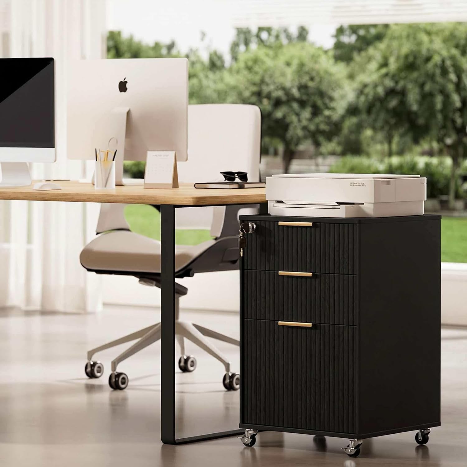 3 Drawers Fluted Mobile File Cabinet with Lock, Rolling File Cabinet Printer Stand Table, Under Desk Wooden Filing Cabinets for Home Office Essentials Storage Organization Furniture Letters/A4(Oak)