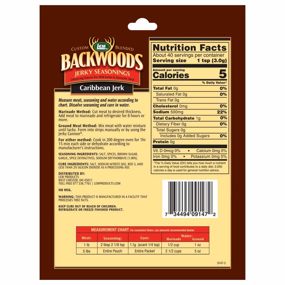 LEM Products Backwoods Caribbean Jerk Jerky Seasoning, 4.2 oz Packet | Pre-Measured Seasoning and Cure for Wild Game and Domestic Meat, Seasons Up to 5 Pounds of Meat for Homemade Jerky