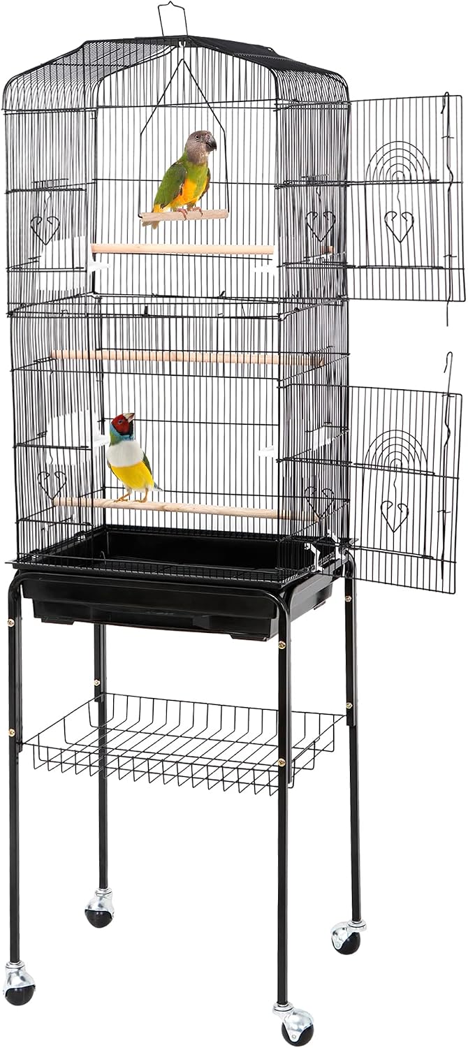 ZENY 63.4 Inch Bird Cage, Rolling Wrought Iron Parrot Cage | with Side-out Tray, Storage Shelf