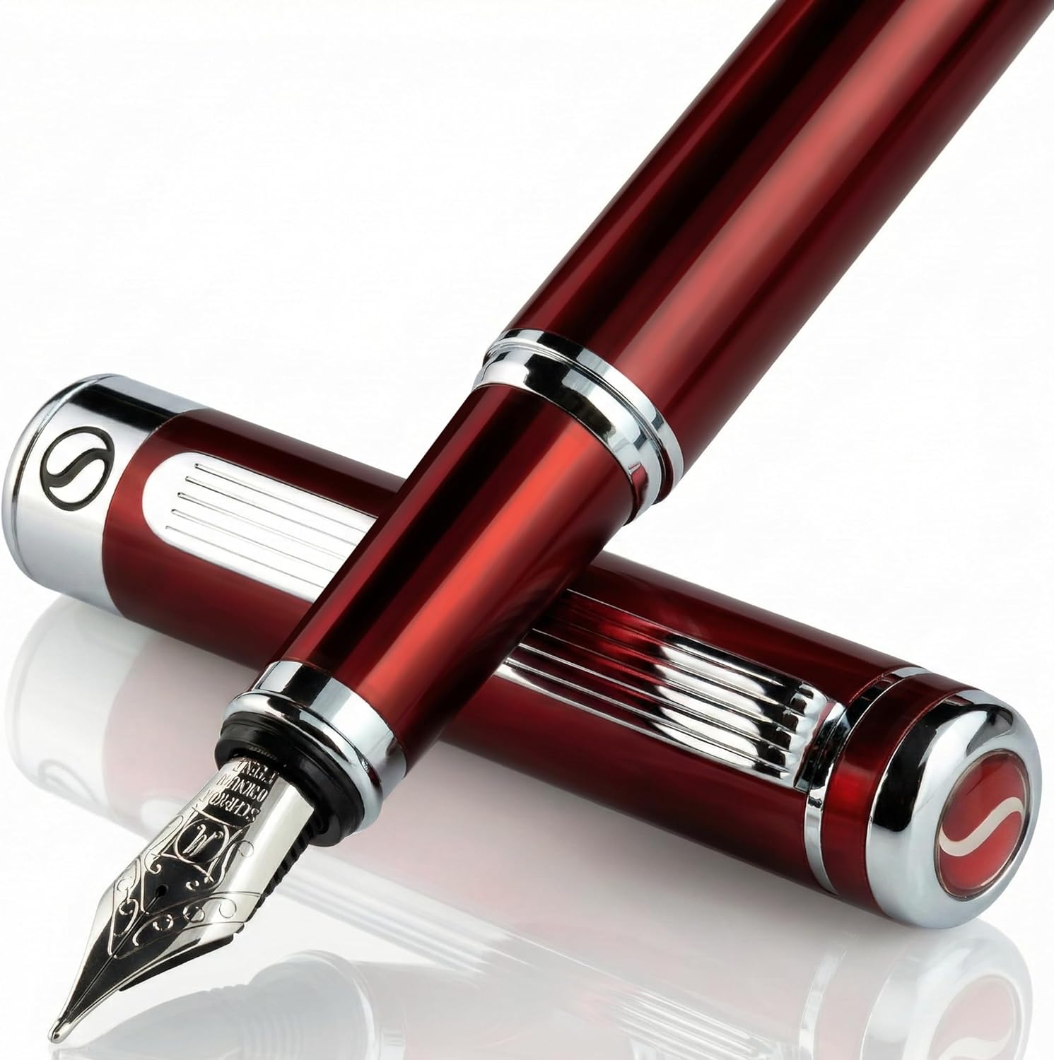 Scriveiner Silver Chrome Fountain Pen - Stunning Luxury Pen, Real Gold Finish Schmidt Gilded Nib (Medium), Best Pen Gift Set for Men & Women