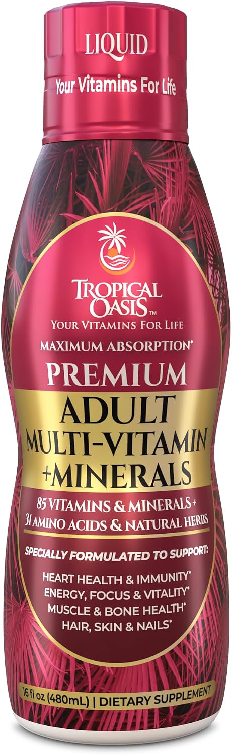 Tropical Oasis Adult Liquid Multivitamin -Liquid Multi-Vitamin and Mineral Supplement with 125 Total Nutrients Including; 85 Vitamins & Minerals, 23 Amino Acids, and 18 Herbs - 16 fl oz, 32 serv