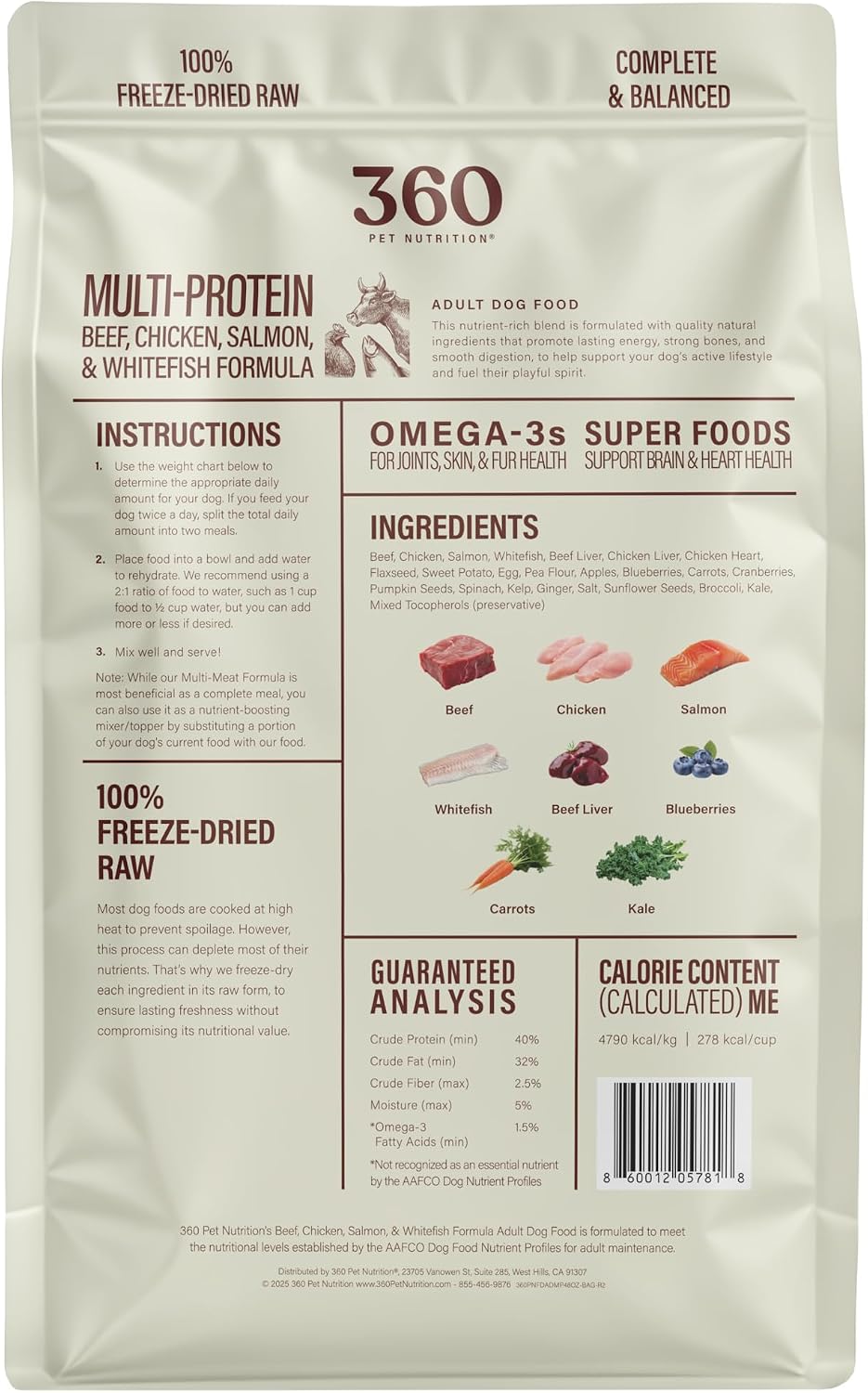 360 Pet Nutrition Freeze-Dried Raw Dog Food – Multi-Protein with Beef, Chicken, Fish, Liver & Organs