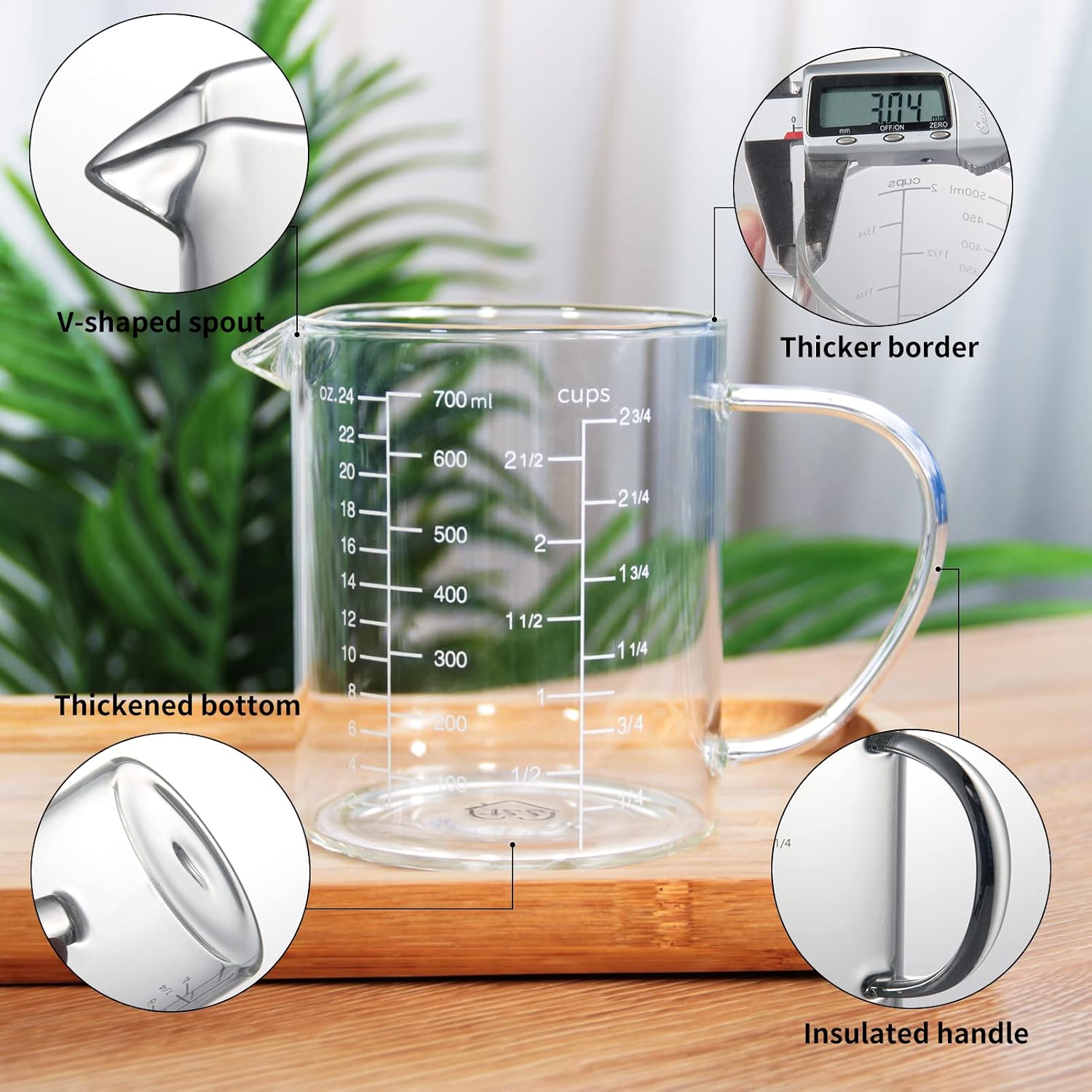 2 Cup Glass Measuring Cup, [Insulated handle, V-Shaped Spout], High Borosilicate Glass Measuring Cup for Kitchen or Restaurant, Easy To Read, 500 ML (0.5 Liter, 2 Cup)