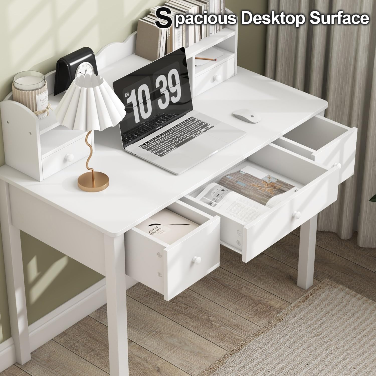 FUNKOCO Writing Desk with Hutch, 40" Small White Desk for Girls, 5 Drawers