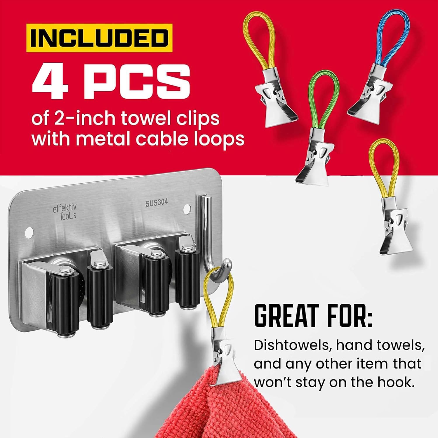Wall Mount Hanger for Brooms & Mops - Adhesive Stainless Steel Mops & Broom Holder, 4 Clamps, 3 Hooks