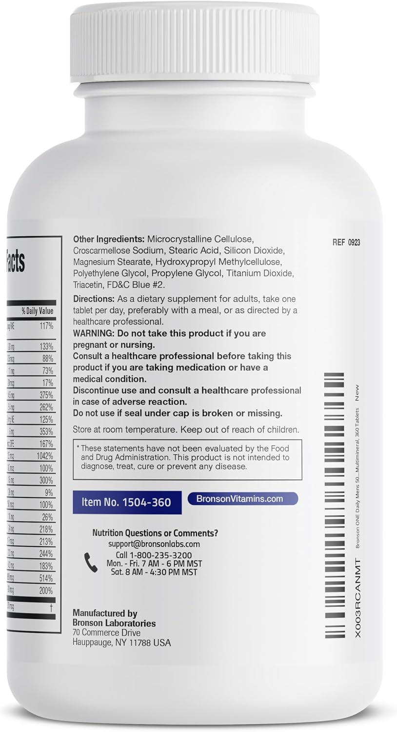 Bronson ONE Daily Mens 50+ Complete Multivitamin Multimineral, 180 Tablets | Once-Daily, Targeted Nutrition For Active Men Over 50, Non-GMO, Gluten-Free, Soy-Free