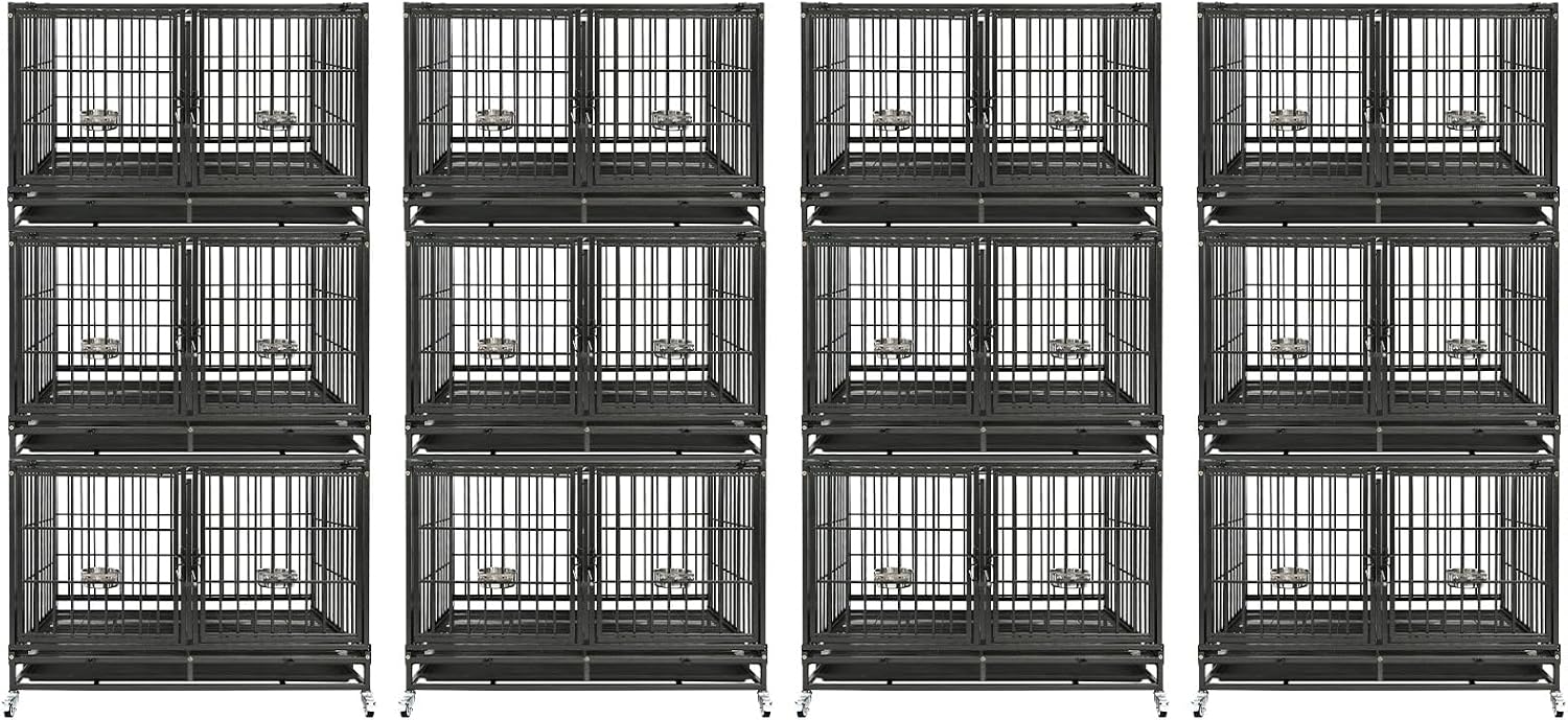 Homey Pet Three Tiers 43 inch Heavy Duty Dog Crate with Wheels, Dual Doors | Stackable Indestructible Steel Dog Cage Kennel Indoor with Divider, Trays, Bowls, Escape Proof Locks for Breeders and More