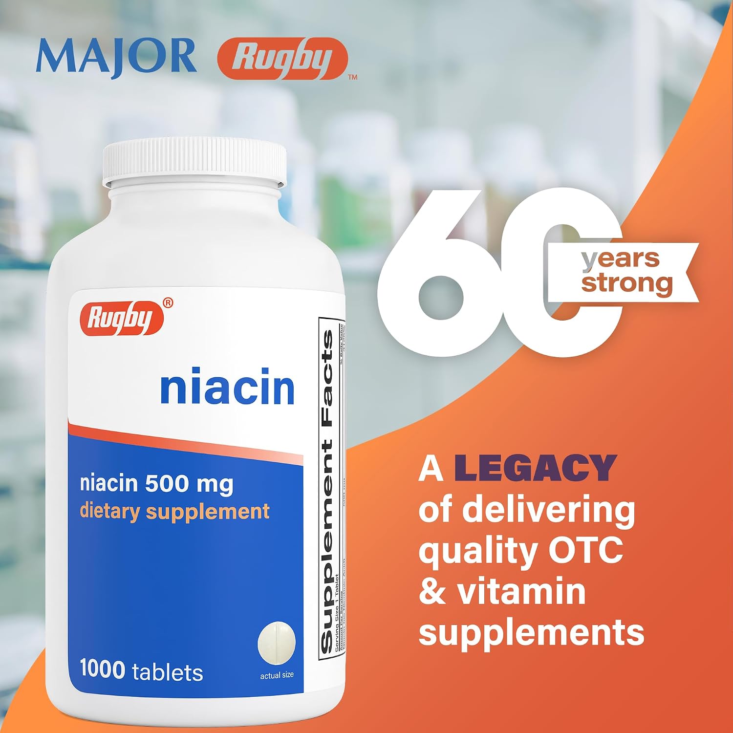 Rugby Niacin 500mg - Vitamin B3 Supplement for Men and Women - 1,000 Tablets (2-Pack)