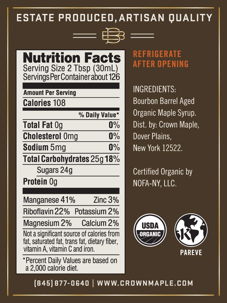 Crown Maple Organic Bourbon Barrel Aged Maple Syrup, Pancakes, Flavor Cocktails, Marinades and Sauces, 12.7 Fl Oz