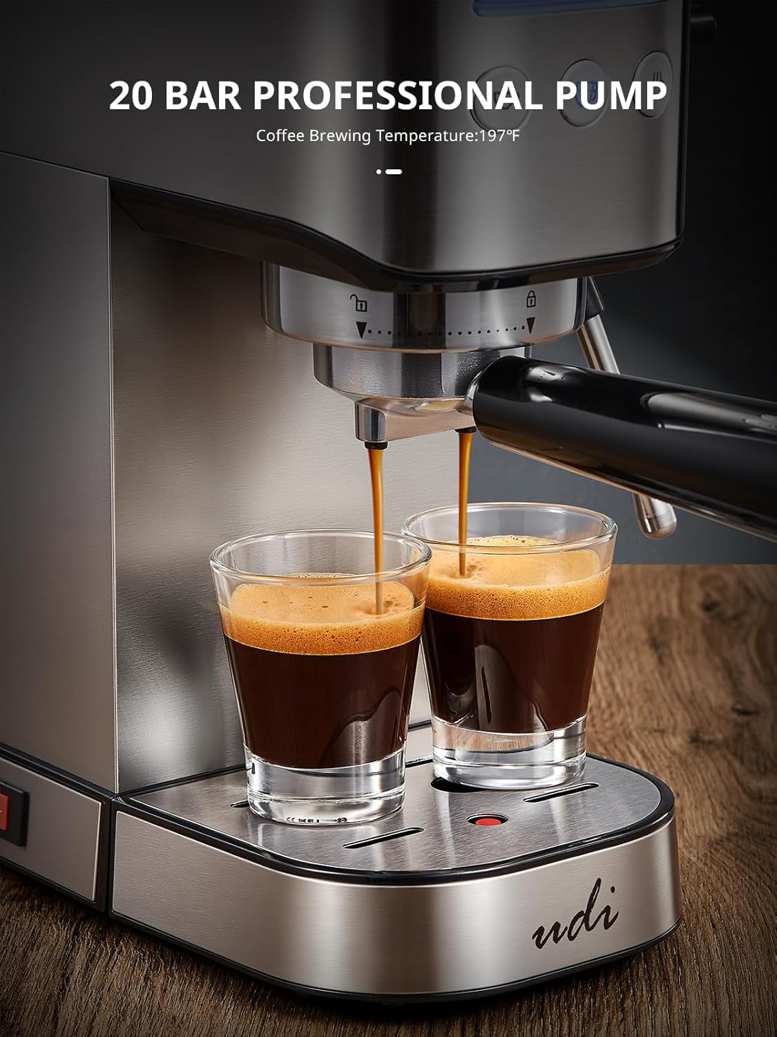 UDI Espresso Machine, 20 Bar High Pressure Professional Espresso Maker | with Milk Frother, Compact Stainless Steel Coffee Machine for Cappuccino