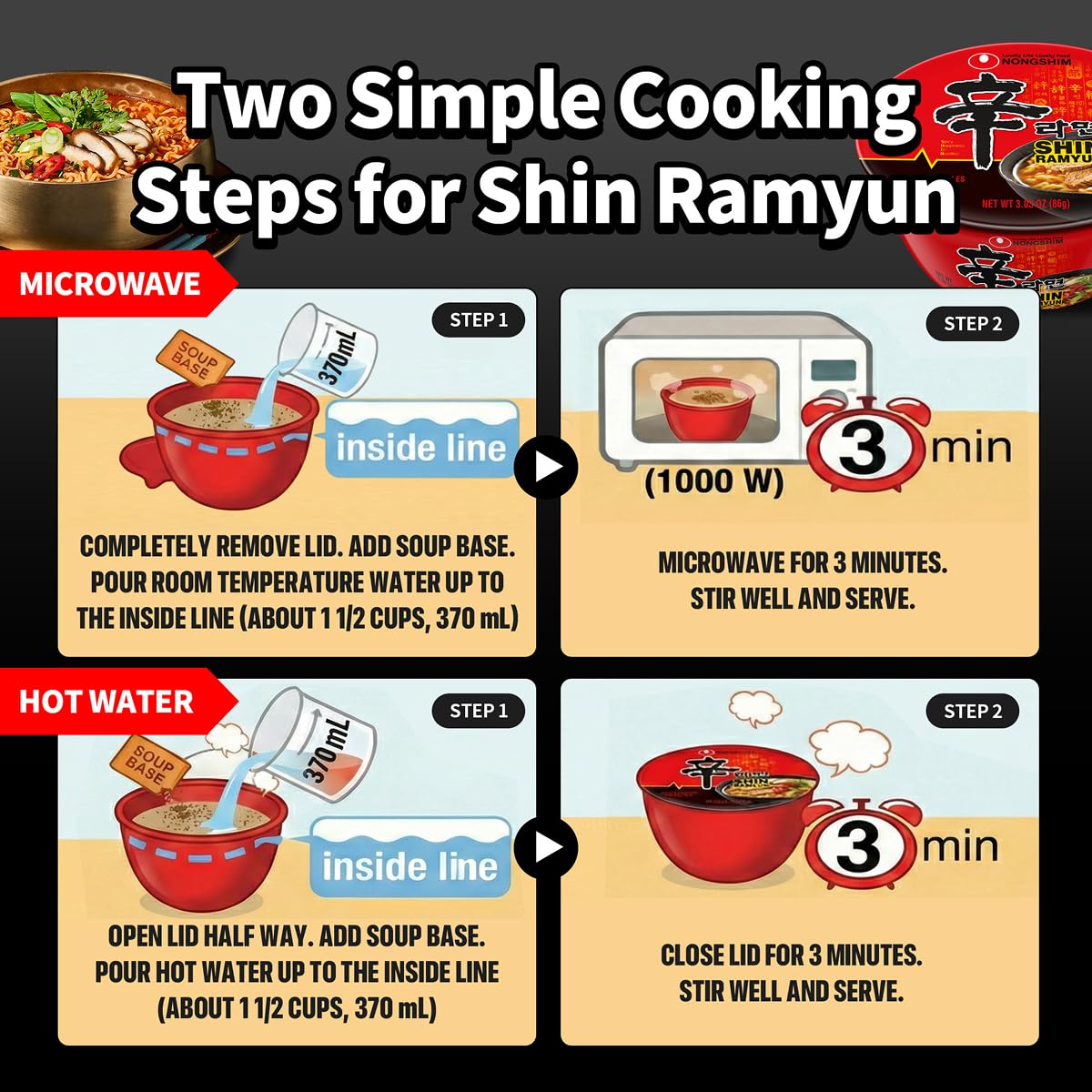 Nongshim Shin Ramyun Bowl Noodles, Spicy Korean Signature Instant Ramyun, Rich Beef Flavored Broth, Quick and Easy, Microwaveable Bowl, 3.03 oz (Pack of 12)