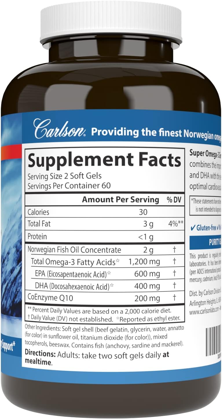 Carlson Super Omega-3 Gems + CoQ10, 1200 mg, Omega-3s, 60 Softgels | 200 mg CoQ10; Norwegian; Wild Caught; Sustainably Sourced