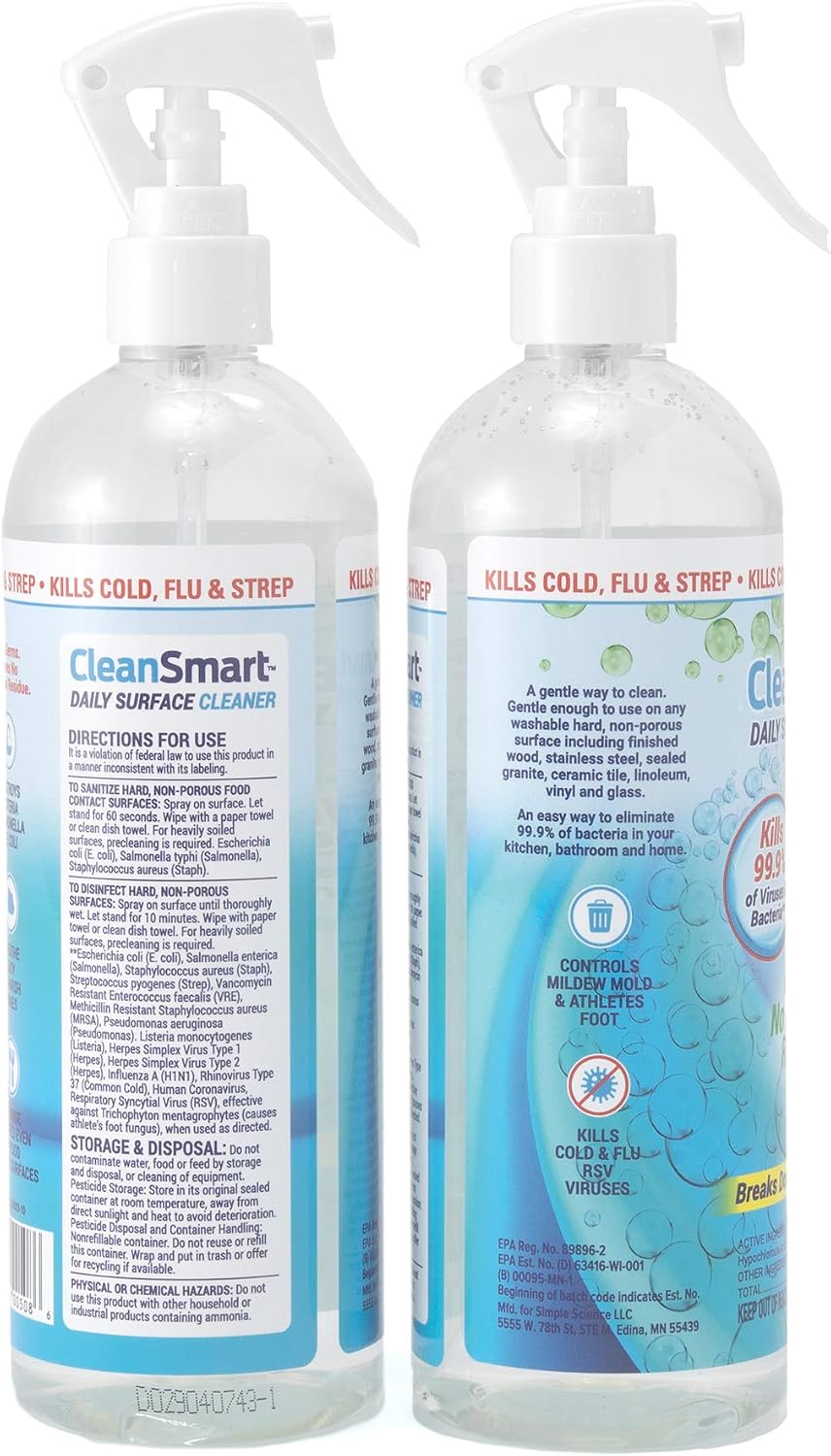 CleanSmart Daily Surface Cleaner and Pet-Safe Disinfectant, 23 oz (2 pack) | Hypochlorous Acid Spray Kills 99.9% of Viruses and Bacteria, No Harsh Residue, Food Contact Surface Sanitizer, No Rinse