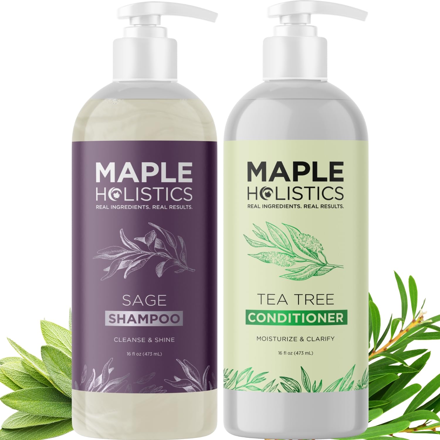 Sulfate Free Shampoo and Conditioner Set - Tea Tree Sage and Rosemary Shampoo and Conditioner for Dry Flaky Scalp Care - Deep Cleansing Color Safe Shampoo and Conditioner for Damaged Dry Hair Care