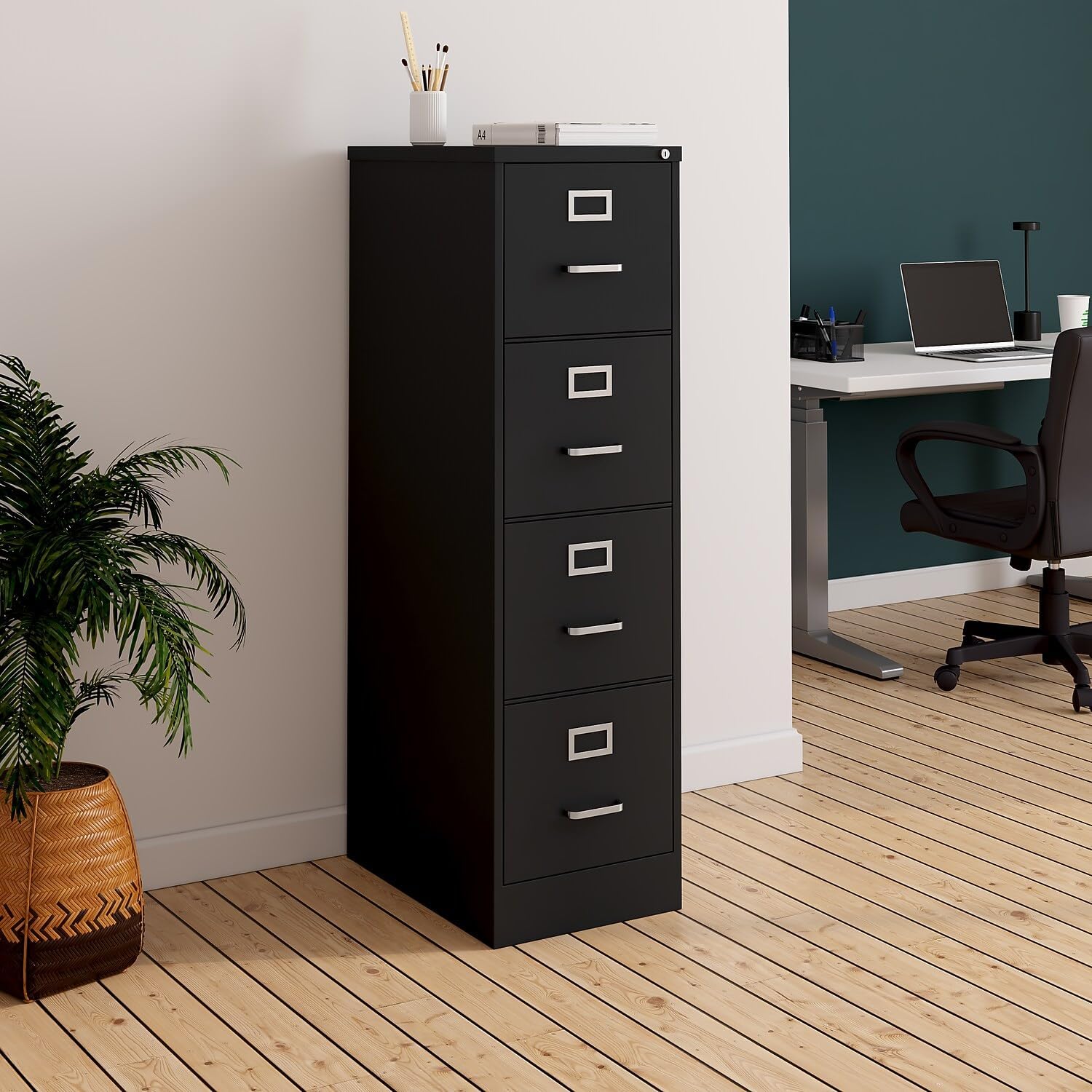Staples 4-Drawer Vertical File Cabinet, Letter Size Documents, Lockable, 26.5" D x 15" W x 51.97" H, Putty/Beige