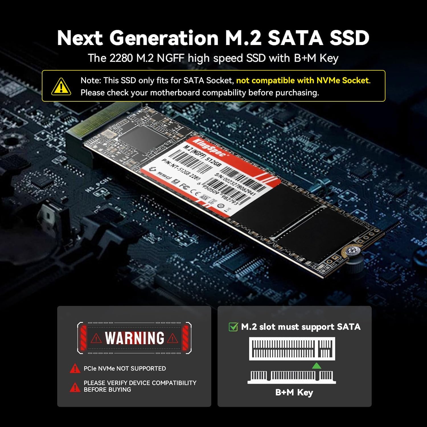 KingSpec 1TB M.2 SATA III 2280 SSD, NOT for NVMe Slots | SATA3 6Gb/s, B+M Key, Up to 550MB/s, Internal Solid State Drives for Laptop / Desktop Upgrades