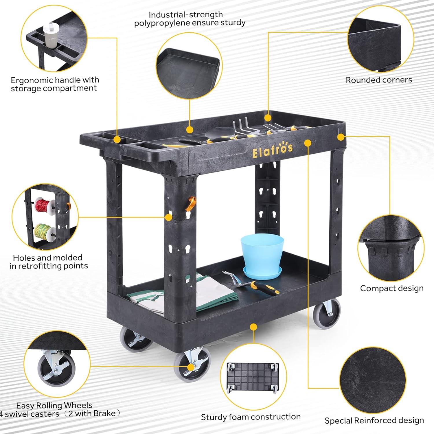 2-Tier Utility Rolling Cart, 34 x 17 in, 5" Swivel Wheels, 550lb | Deep Tub Shelves, Plastic Service Cart, Work Cart, Tool Cart, Tub Storage Organizer