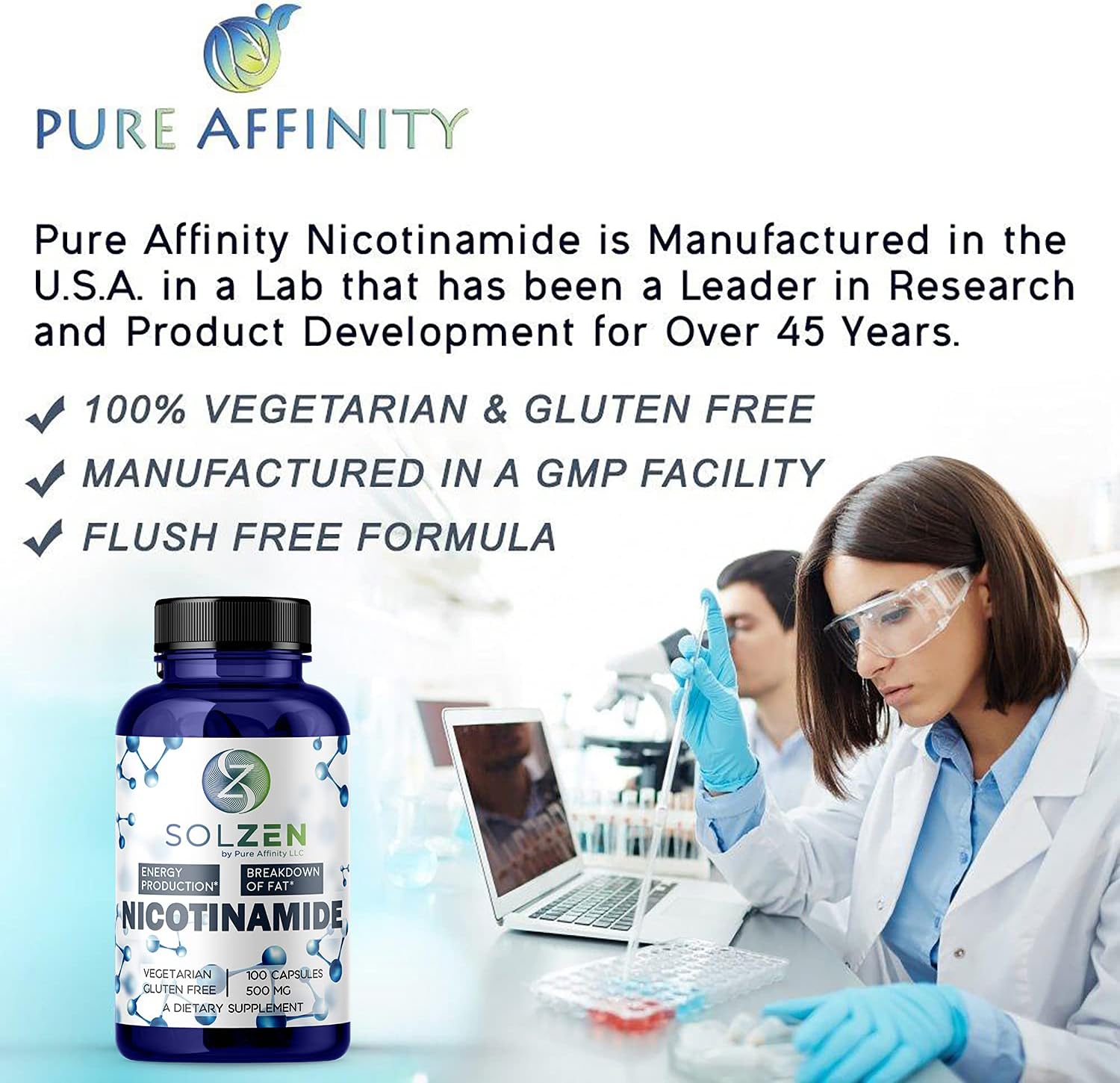 B3 Nicotinamide 500 mg Effective Flush-Free Niacin. Energy Booster, Cell Regenerator, That Supports Cognitive Decline