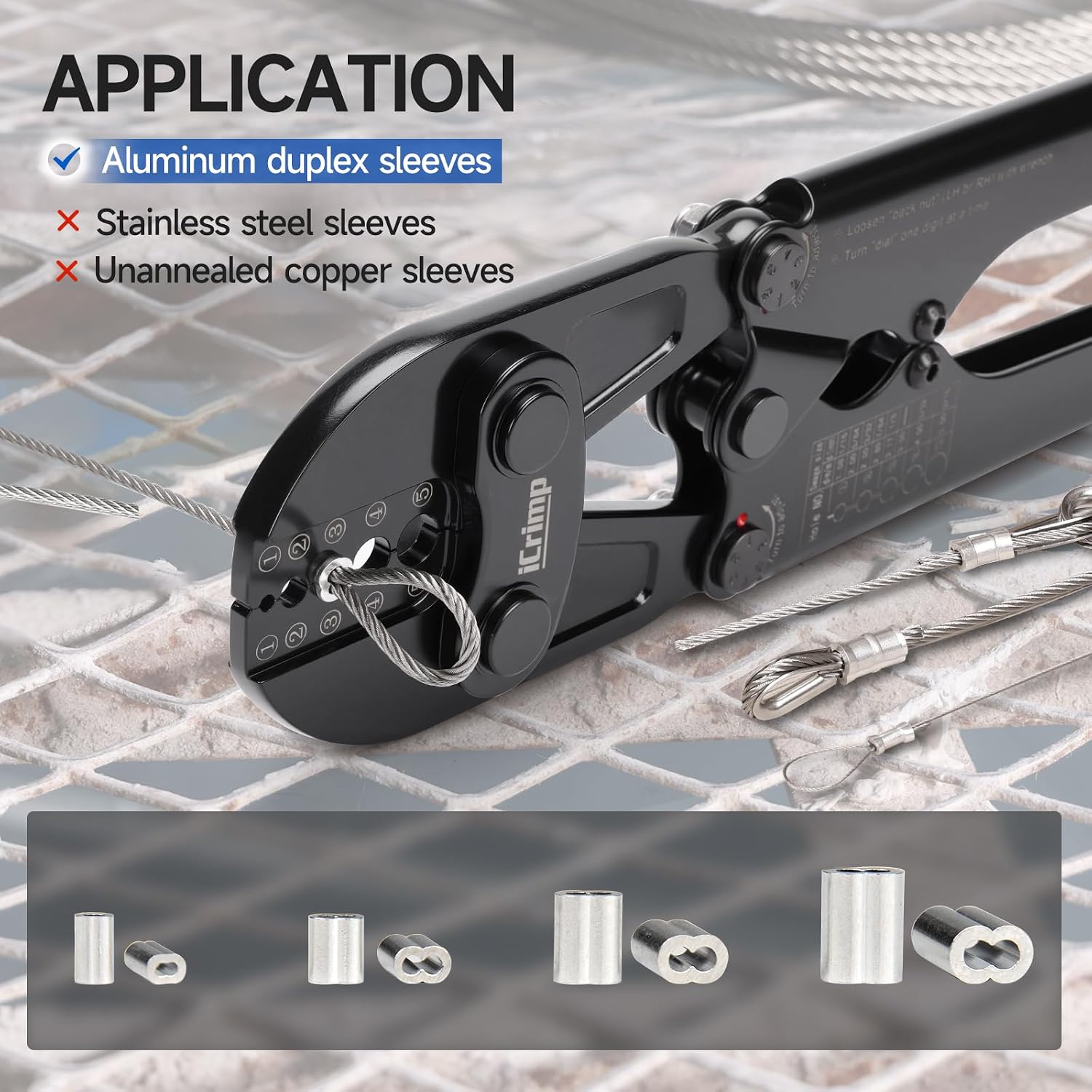 iCrimp IWS-1608M4 Wire Rope Crimper 3/64" to 1/8" 4 Dies | High carbon steel swaging tool for aluminum oval, double-barrel & annealed copper sleeves; ideal for railing, cable & fishing