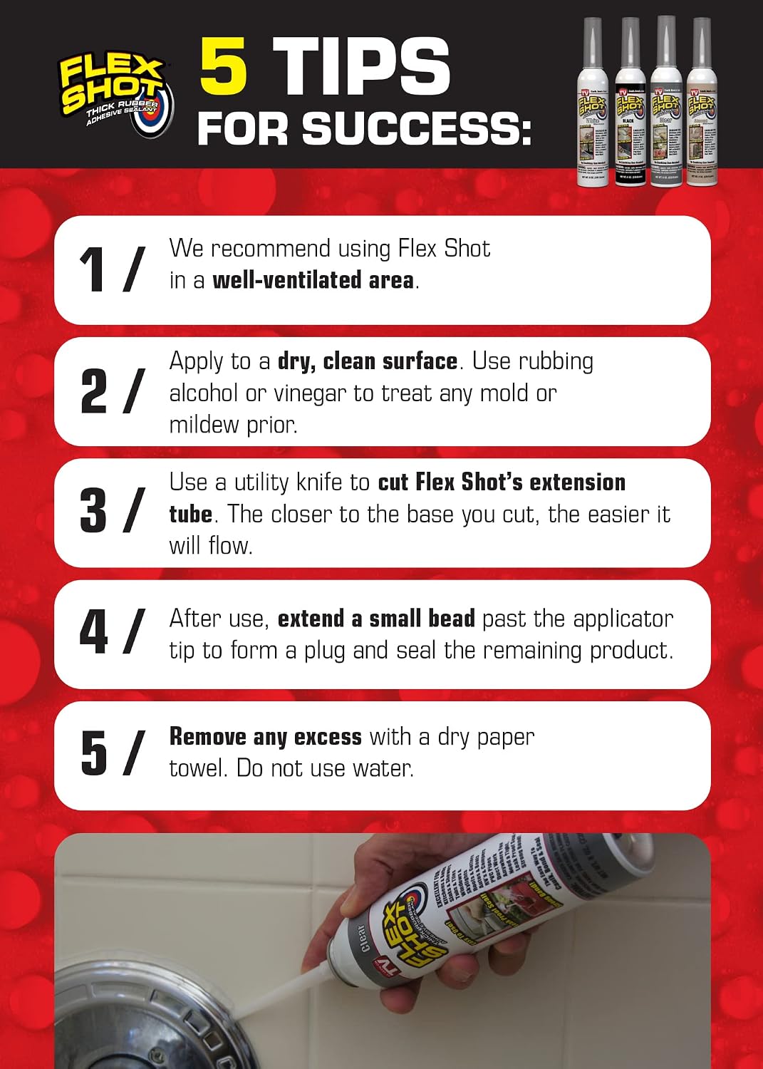 Flex Shot, Flexible Rubber Silicone Sealant, Waterproof Caulk, UV Resistant, No Caulk Gun Needed, Perfect for Kitchen, Bath, Showers, Sinks, Baseboards, Black, 8oz, 1-Pack