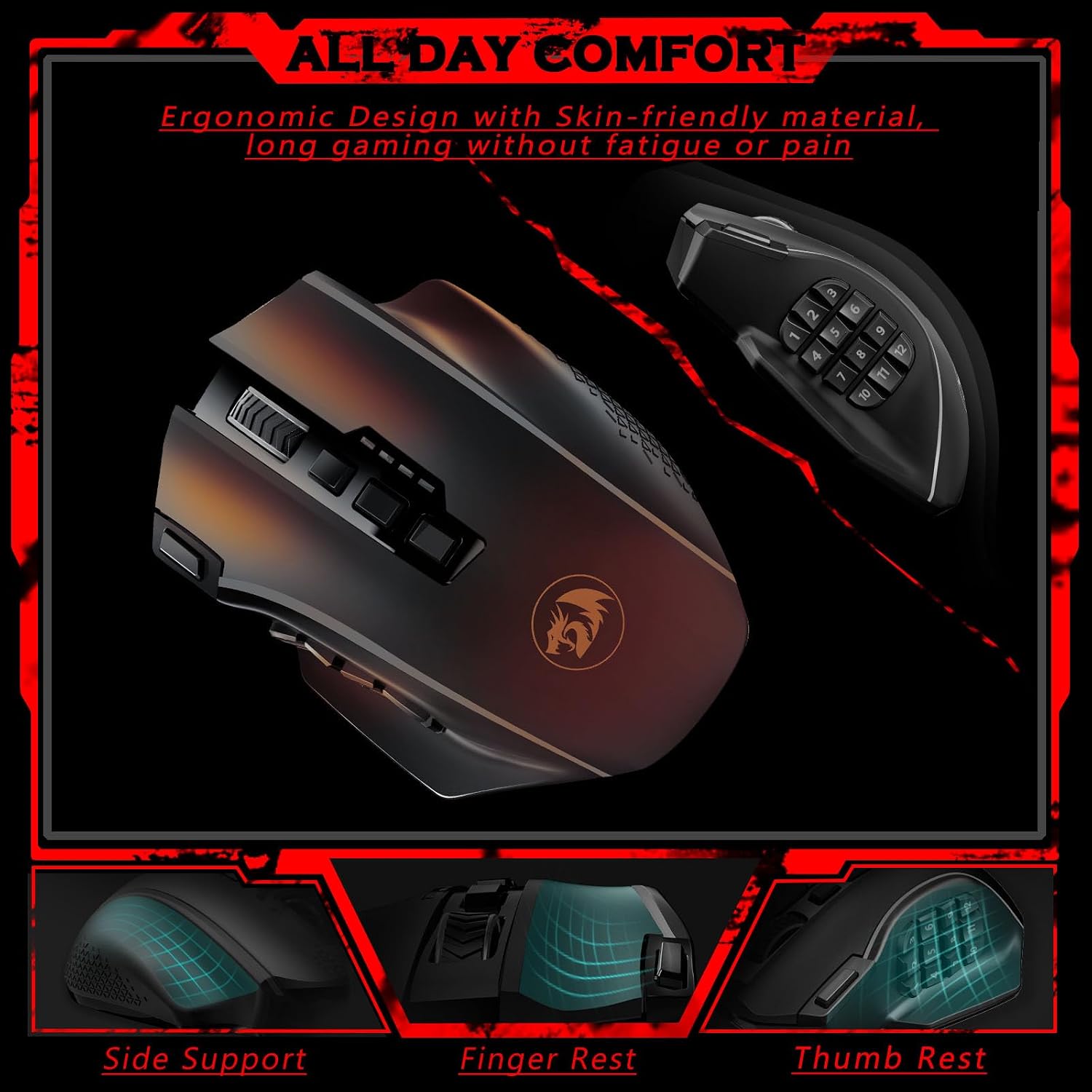 Redragon Gaming Mouse, MMO Mouse Gaming UP 12400 DPI, 19 Macro Programmable Buttons, RGB Mouse with 12 Side Buttons, 8 * 2.4g Weight Tuning for PC Laptop MOBA FPS, M901K, Black
