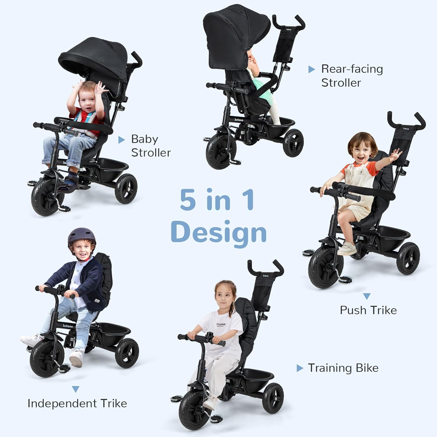 INFANS Kids Tricycle, 6 in 1 Stroll Trike with Adjustable Push Handle, Removable Canopy, Retractable Foot Plate, Lockable Pedal, Detachable Guardrail, Suitable for 10 Months to 5 Years (Blue)