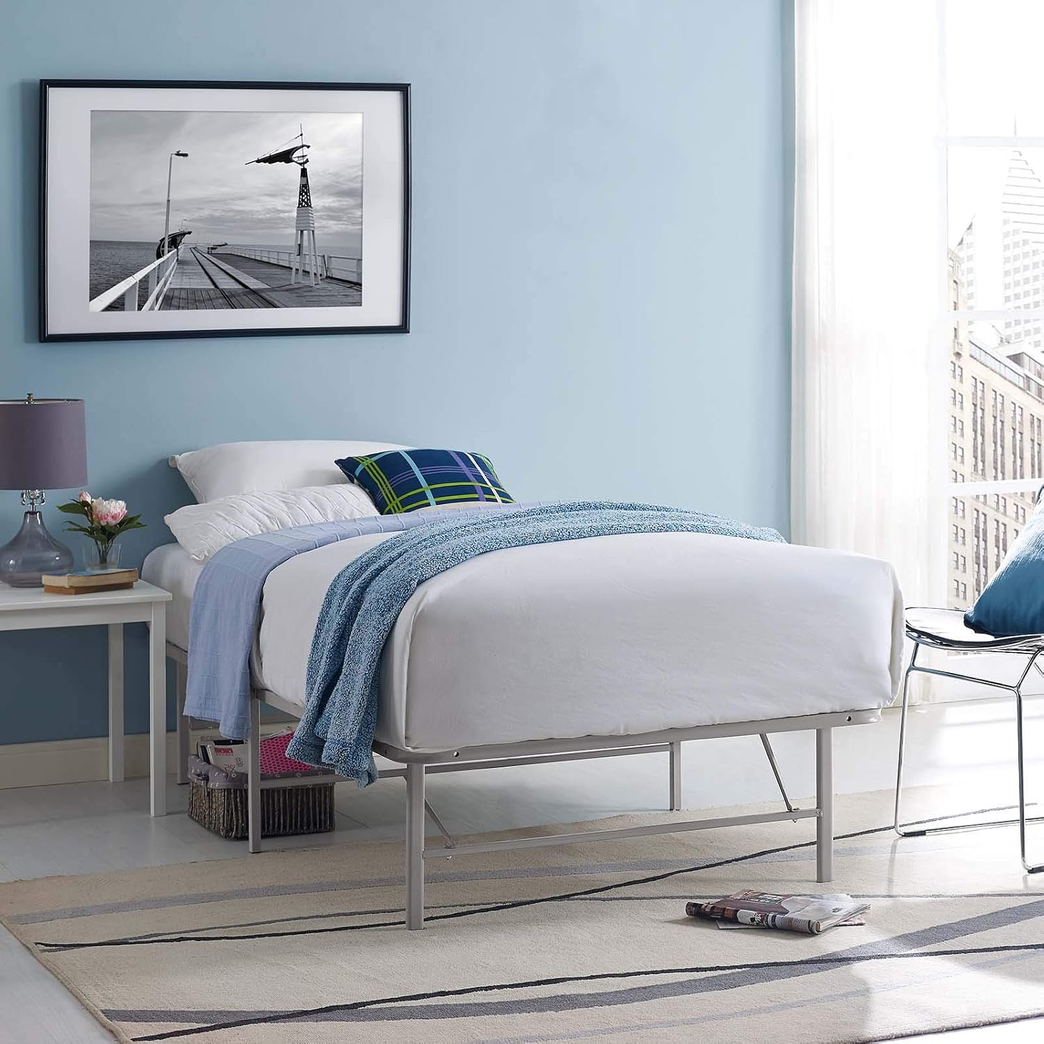 Modway Horizon Queen Bed Frame In Gray - Replaces Box Spring - Folding Metal Mattress Bed Frame