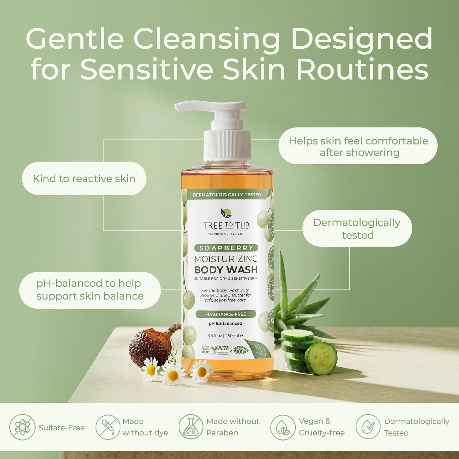 Tree To Tub Soapberry Body Wash for Dry, Sensitive Skin, pH 5.5, 8.5 Fl Oz | Sulfate & Paraben-Free, Rich Lather, Fragrance-Free, Shea Butter & Aloe Vera, Vegan & Cruelty-Free, Gentle for Daily Use