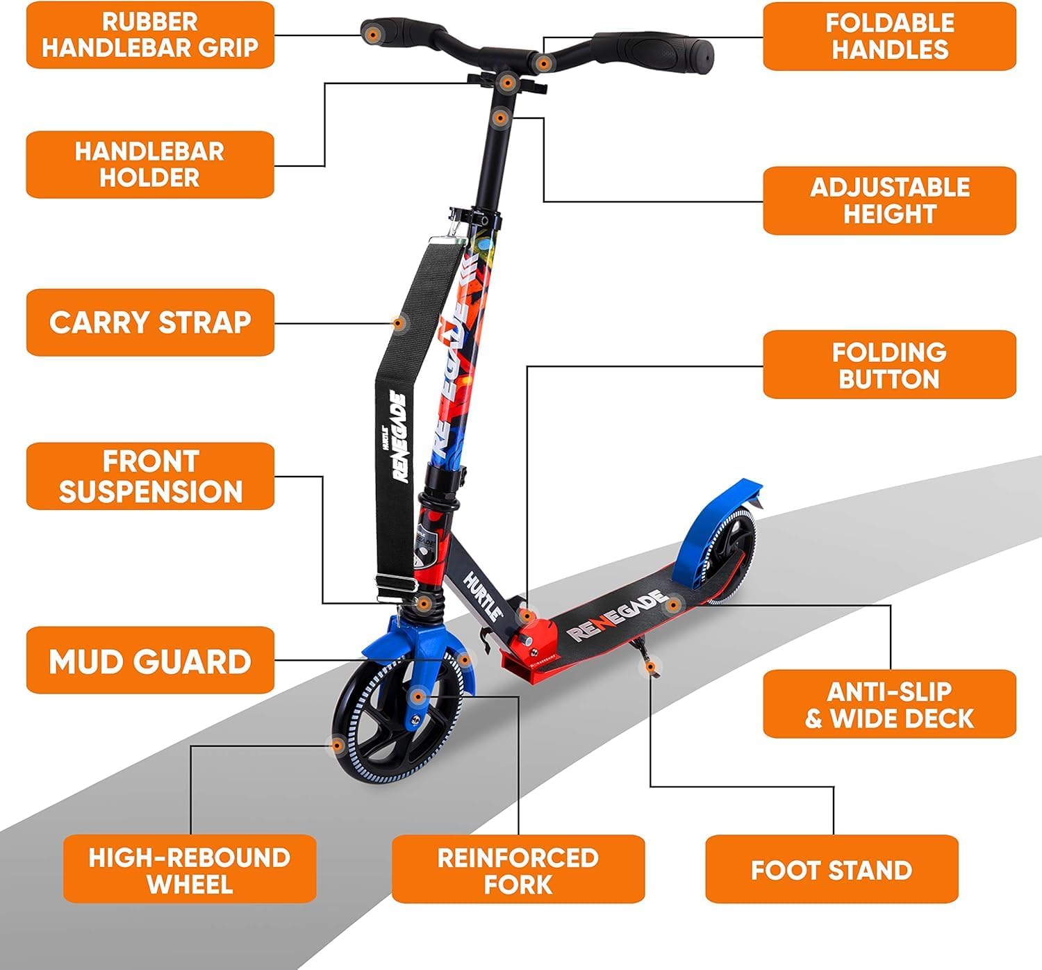 Hurtle Renegade Kick Scooter for Kids, Teenagers & Adults - 2-Wheel Folding Scooter with Adjustable T-Bar Handlebar - Alloy Anti-Slip Deck