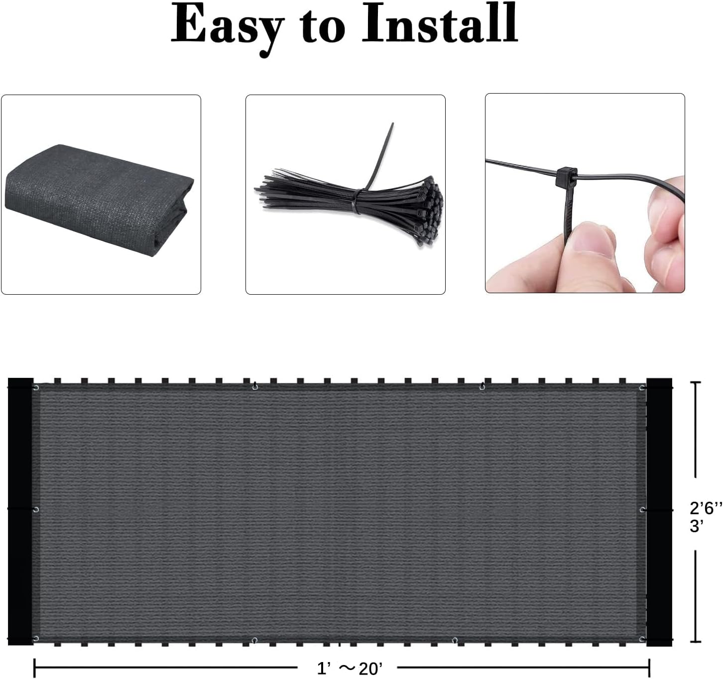 SUNLAX 3'x10' Black Balcony Privacy Screen Fence Windscreen 90% UV Block