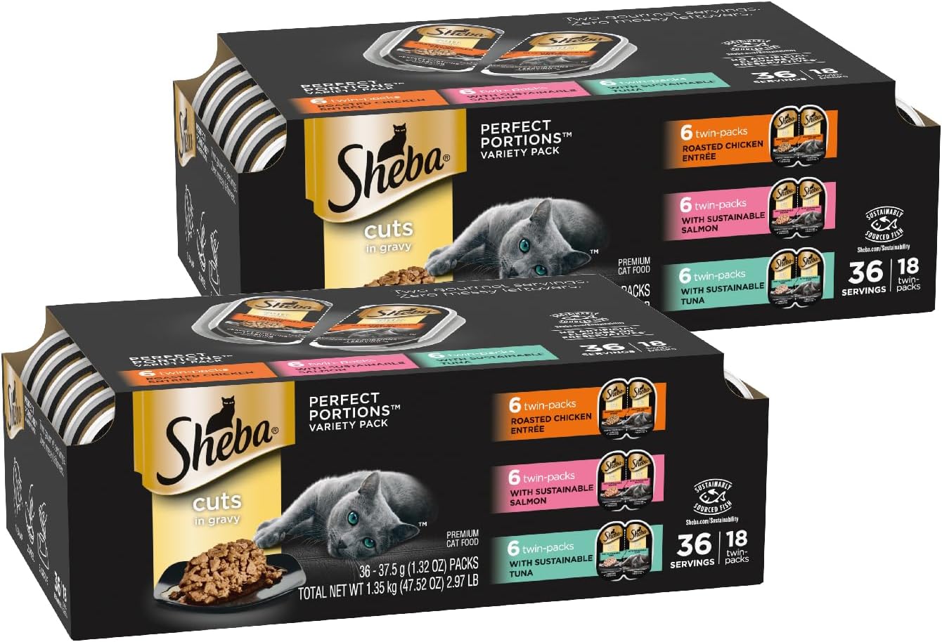 Sheba Perfect Portions Cuts Wet Cat Food, Chicken & Turkey, 2.6 oz, 12 ct | Grain-free, Roasted Chicken & Tender Turkey, adult cat food, protein-rich, no fillers or artificial flavors, twin-pack trays