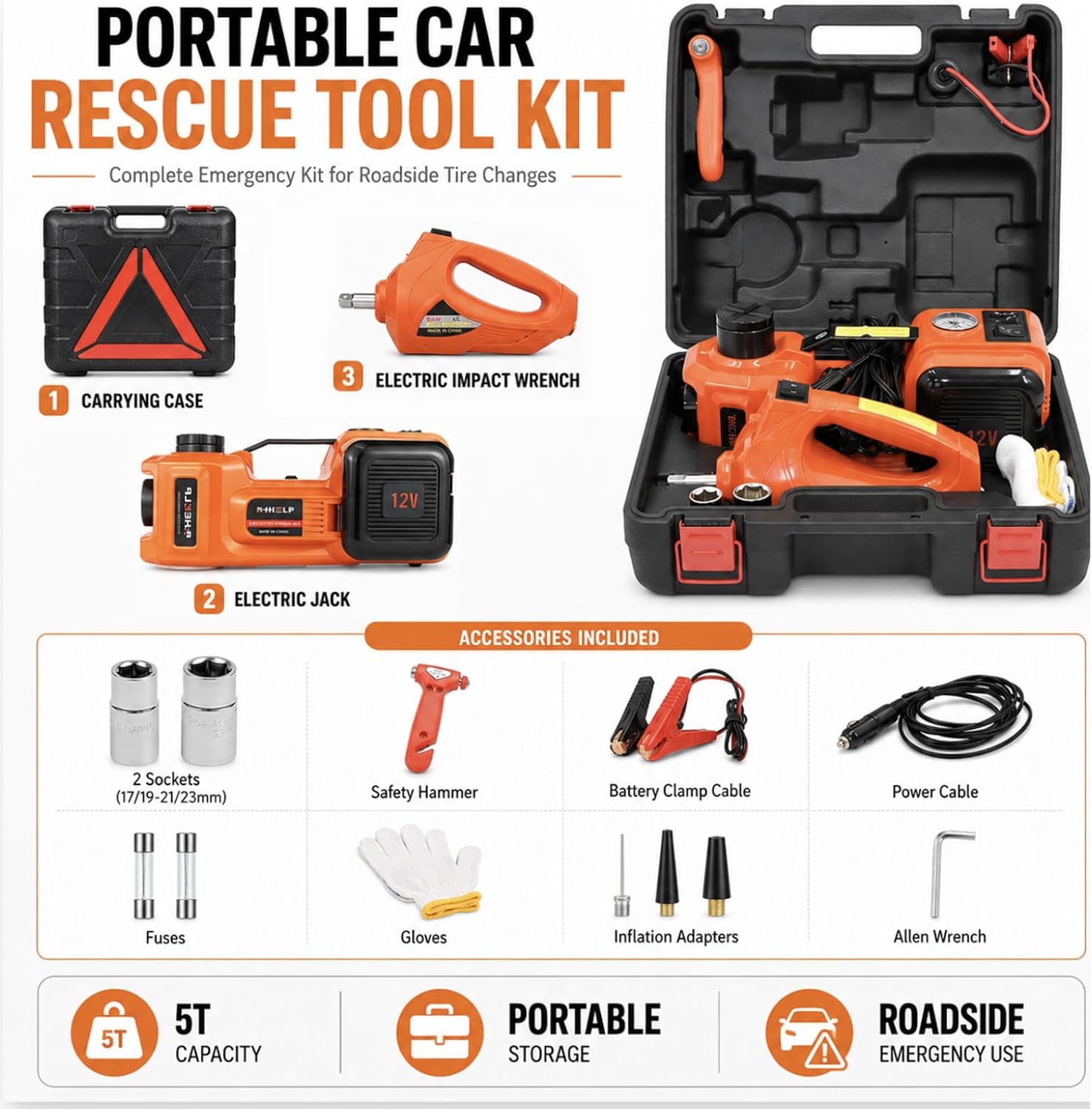 E-HEELP Electric Car Jack Kit 5 Ton 12V with Impact Wrench, 6.1-17.7 in