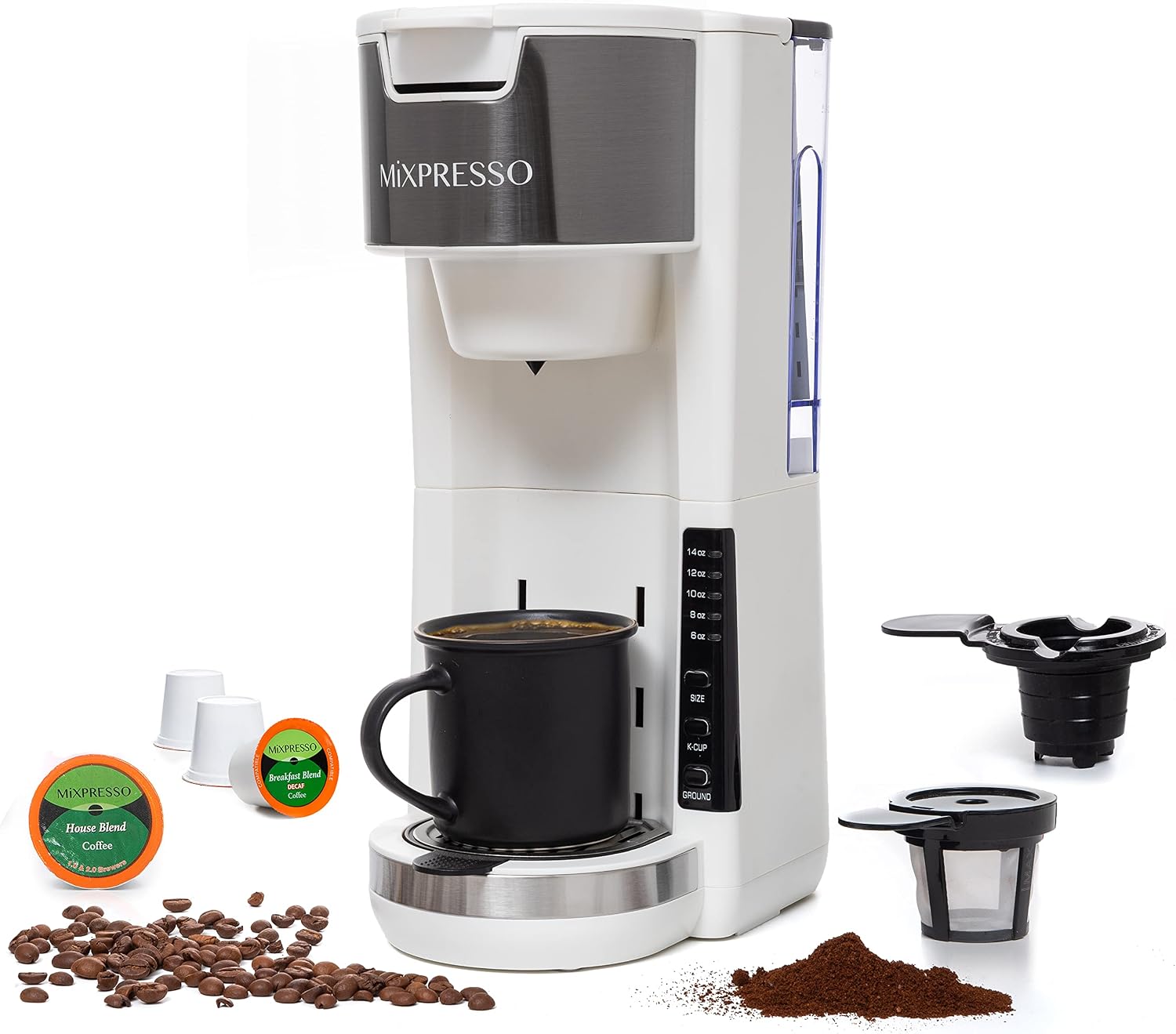Mixpresso Black Single Serve Coffee Brewer K-Cup Pods Compatible & Ground, 30 oz Compact Coffee Maker Single Serve With 5 Brew Sizes Up To 14 Oz