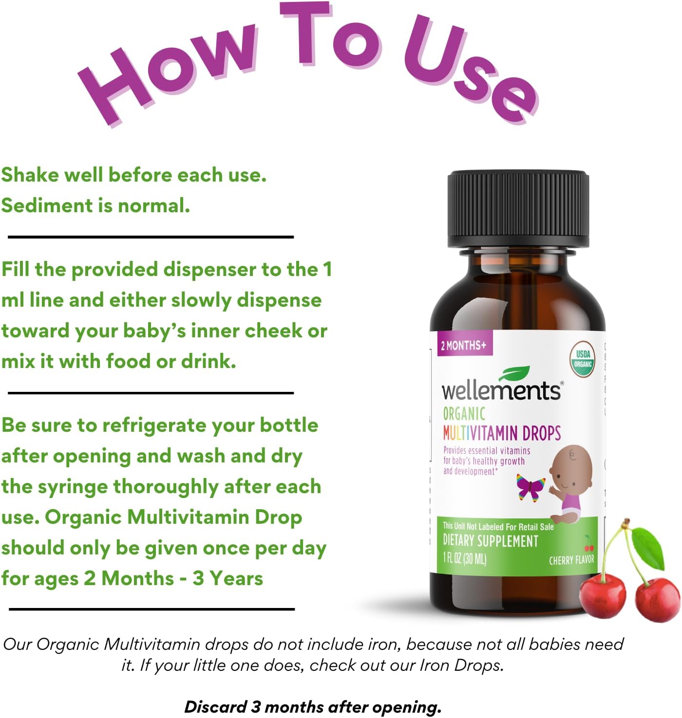 Organic Liquid Baby Multivitamin Drops Cherry Flavor (1 Fl Oz) 2 Months+ | Multivitamins Drops for Infants & Toddlers - Toddler Vitamins for Immune