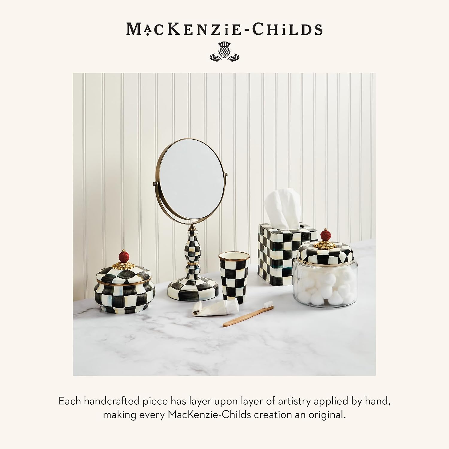 MACKENZIE-CHILDS Enamel Tumbler, Black-and-White Courtly Check | Hand-painted design, elegant drinkware with gold rim, 2.75" dia. x 4.5" H, 10-ounce capacity