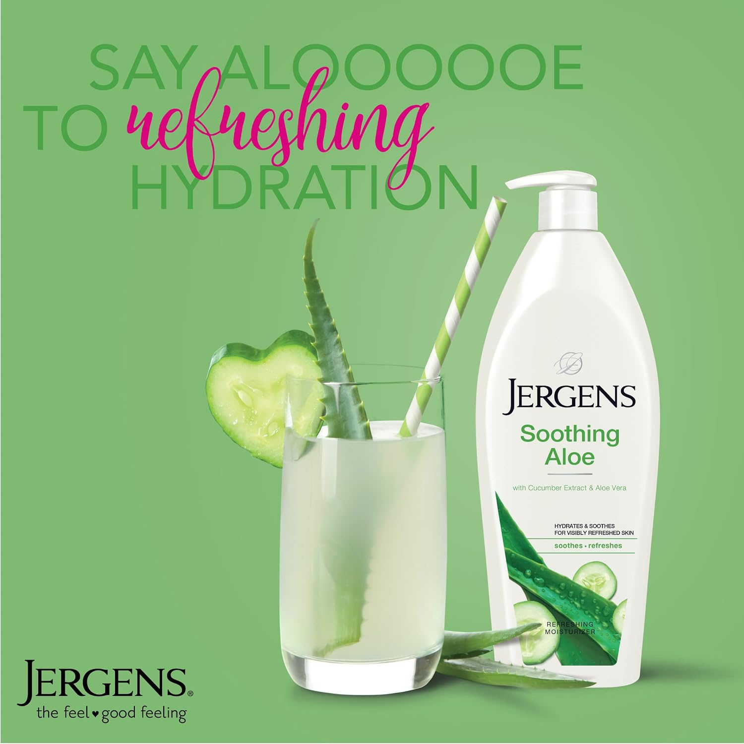 Jergens Soothing Aloe Body Lotion For Dry Skin, Moisturizer, 21 fl oz | Cucumber Extract, Hydralucence Blend, Smooths Texture, Enhances Radiance, Long-Lasting Moisture