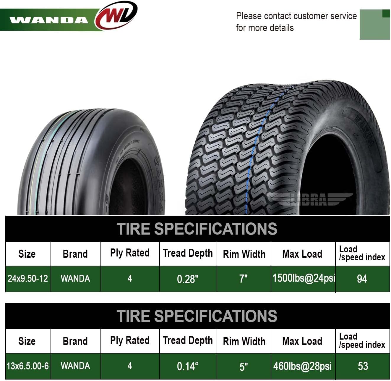 WANDA Set 4 Lawn Mower Turf Tires 16x6.5-8 & 23x10.5-12 /4PR -13019/13049 | Riding Lawn Mover, Garden Tractor