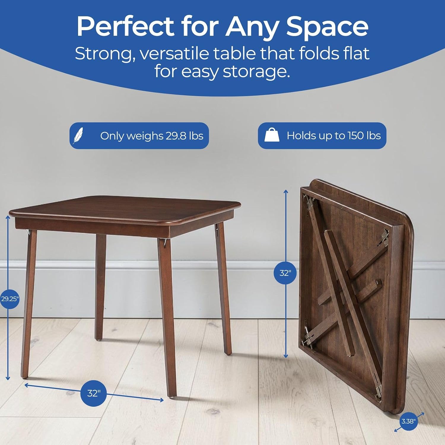 Stakmore Classic Straight Edge Square Wood Folding Table, 32x32, Oak | Foldable Card Table, Wooden Tabletop Furniture for Cards, Board Games & Dining