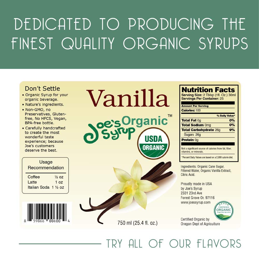 Joe’s Syrup Organic Flavored Syrup, Organic Strawberry, 750 ml | Vegan, gluten-free, Non-GMO, no HFCS; for cocktails & desserts