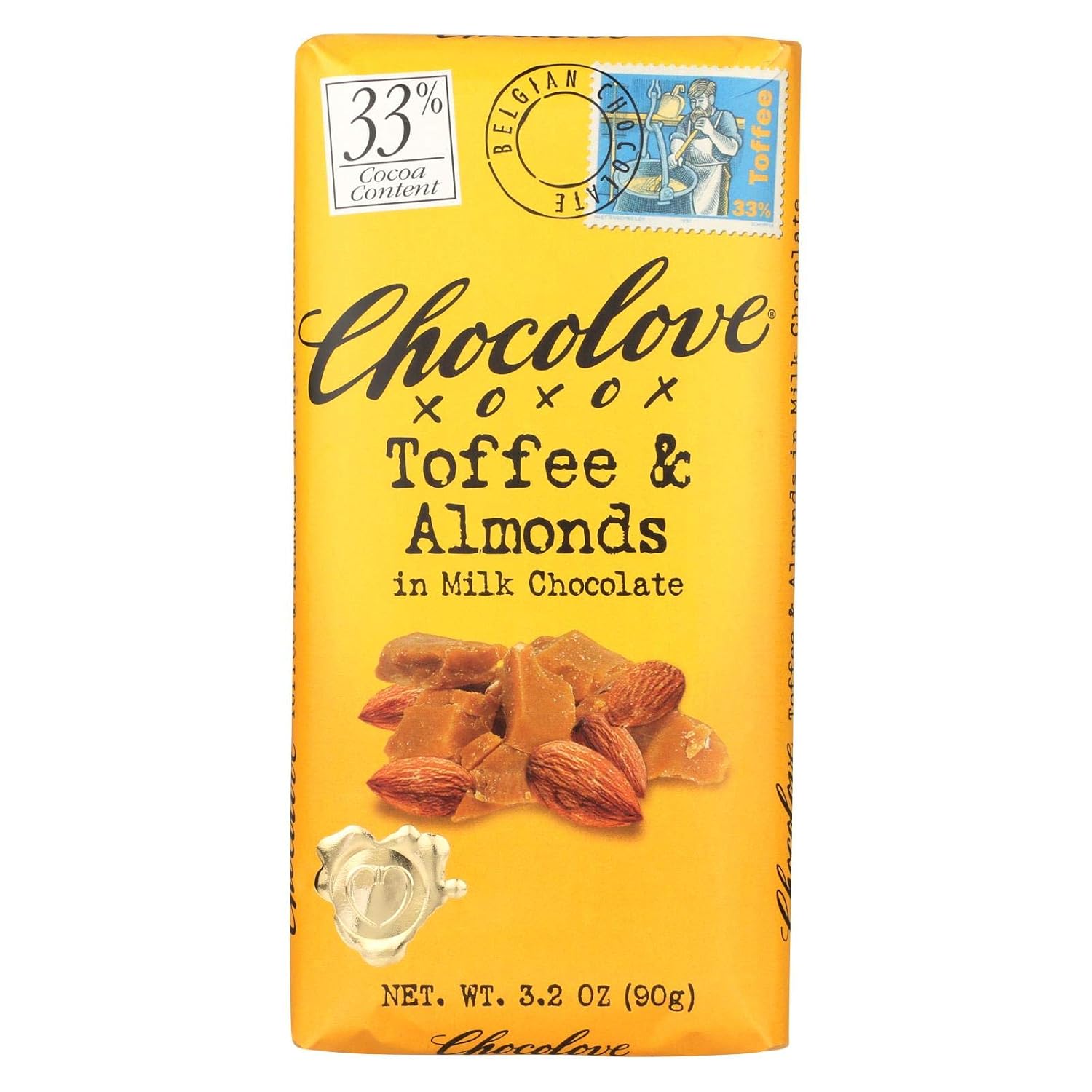 Chocolove Xoxox Premium Chocolate Bar - Milk Chocolate - Toffee and Almonds - 3.2 oz Bars - Case of 12