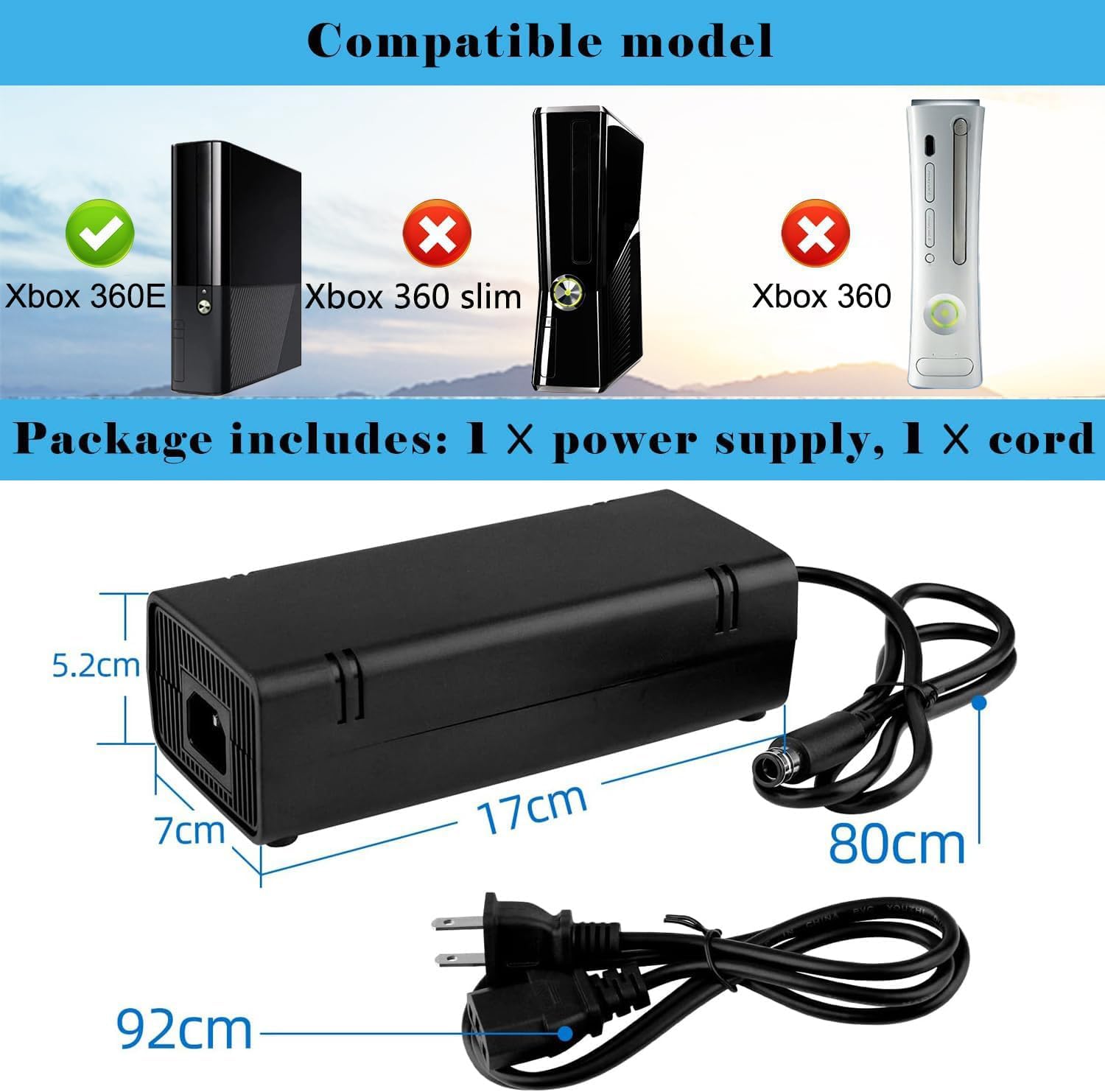 OSTENT US AC Adapter Charger Power Supply Cable Cord for Microsoft Xbox 360 E Console