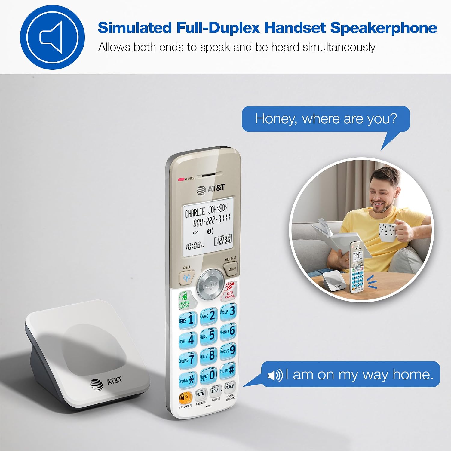 AT&T DL72219 DECT 6.0 2-Handset Cordless Phone for Home with Connect to Cell, Call Blocking, 1.8" Backlit Screen, Big Buttons, intercom