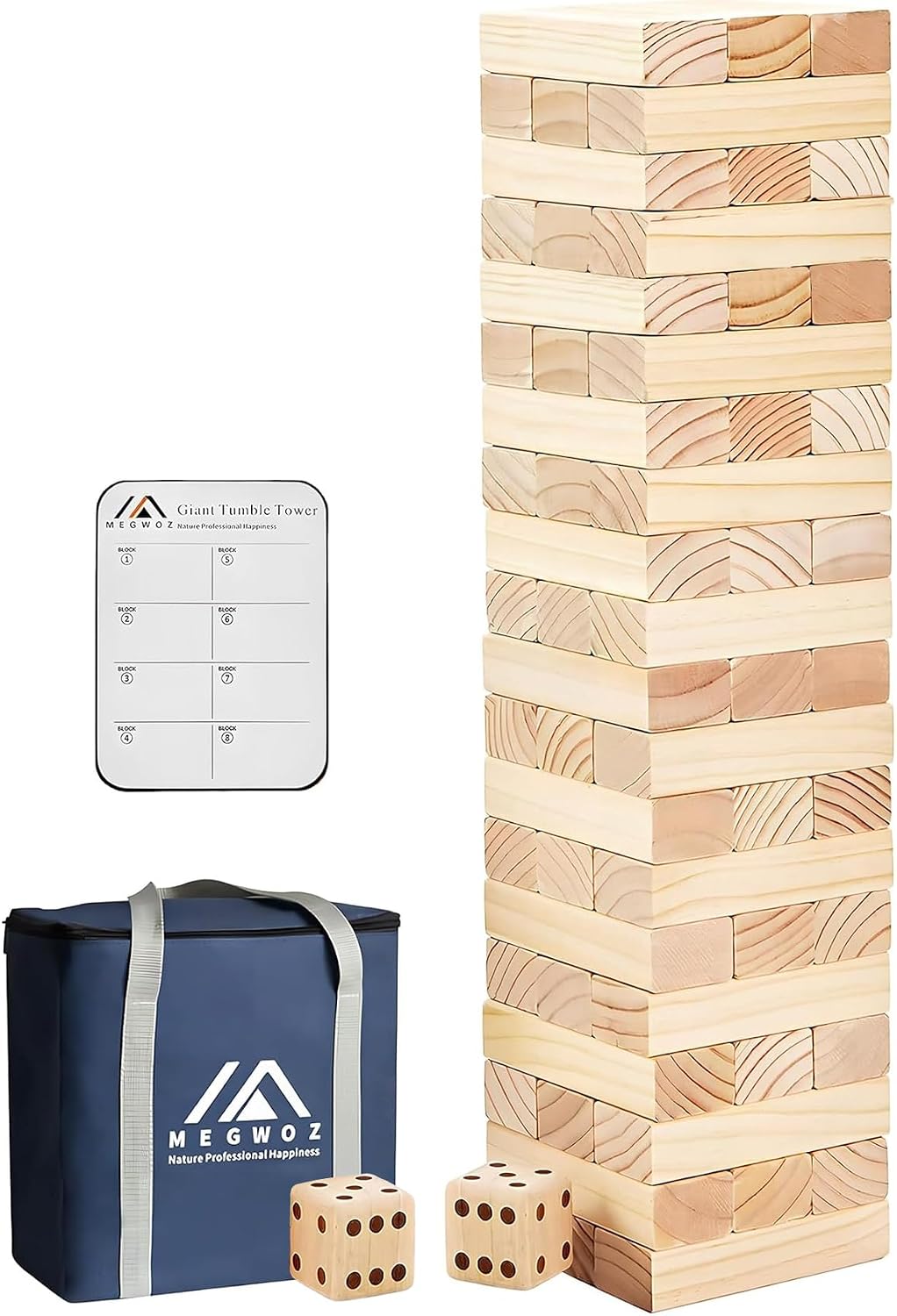 Megwoz Giant Tumble Tower Games for Kids and Adults 57 Blocks New Zealand Pine Wooden Blocks Stacking to Over 4.2FT Family Game for Indoors Outdoors