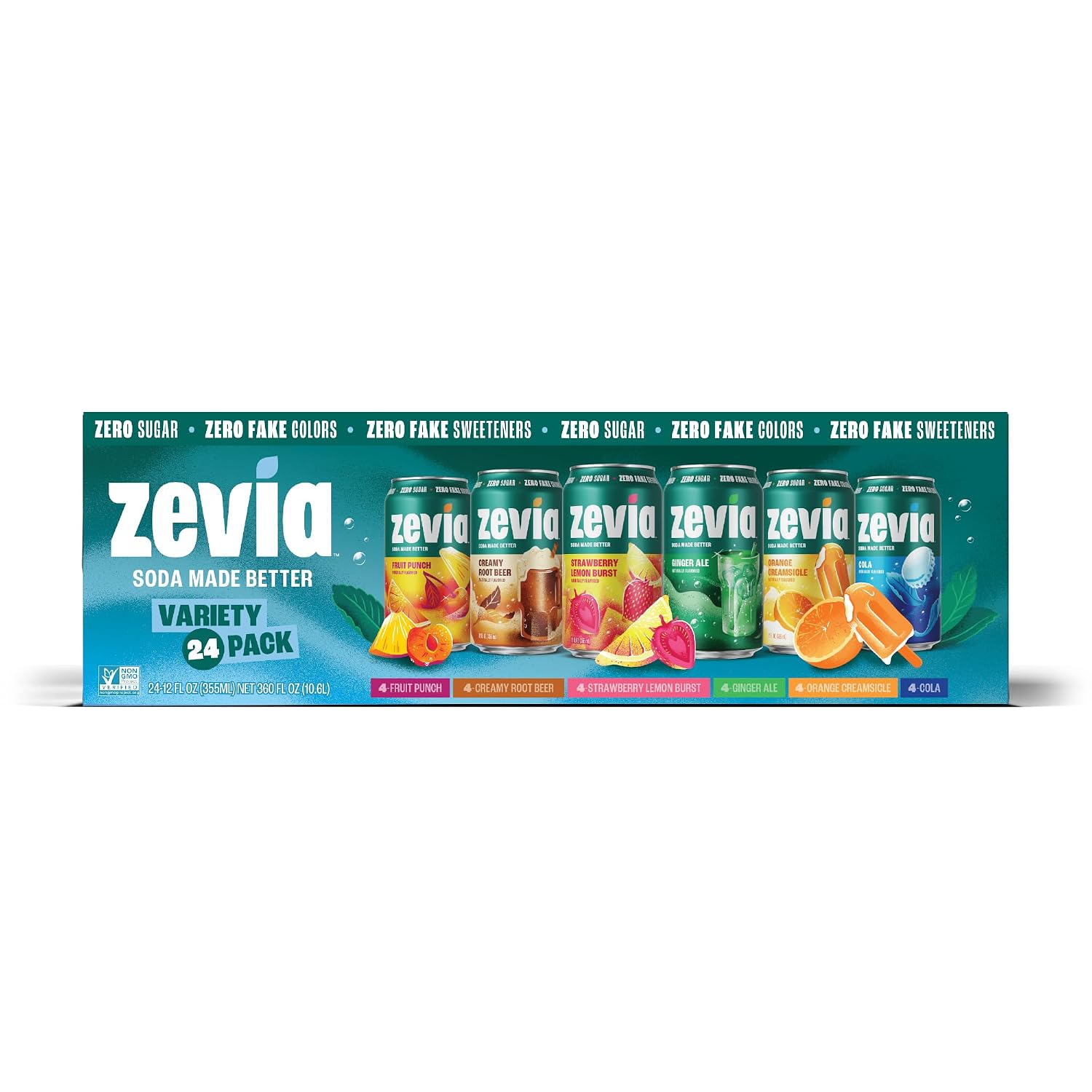 Zevia Zero Sugar Soda, Orange Creamsicle, 12 oz Cans (24-Pack) – Caffeine Free, Naturally Sweetened, No Calorie Soda - Non-GMO Project Verified, Gluten-Free, Vegan