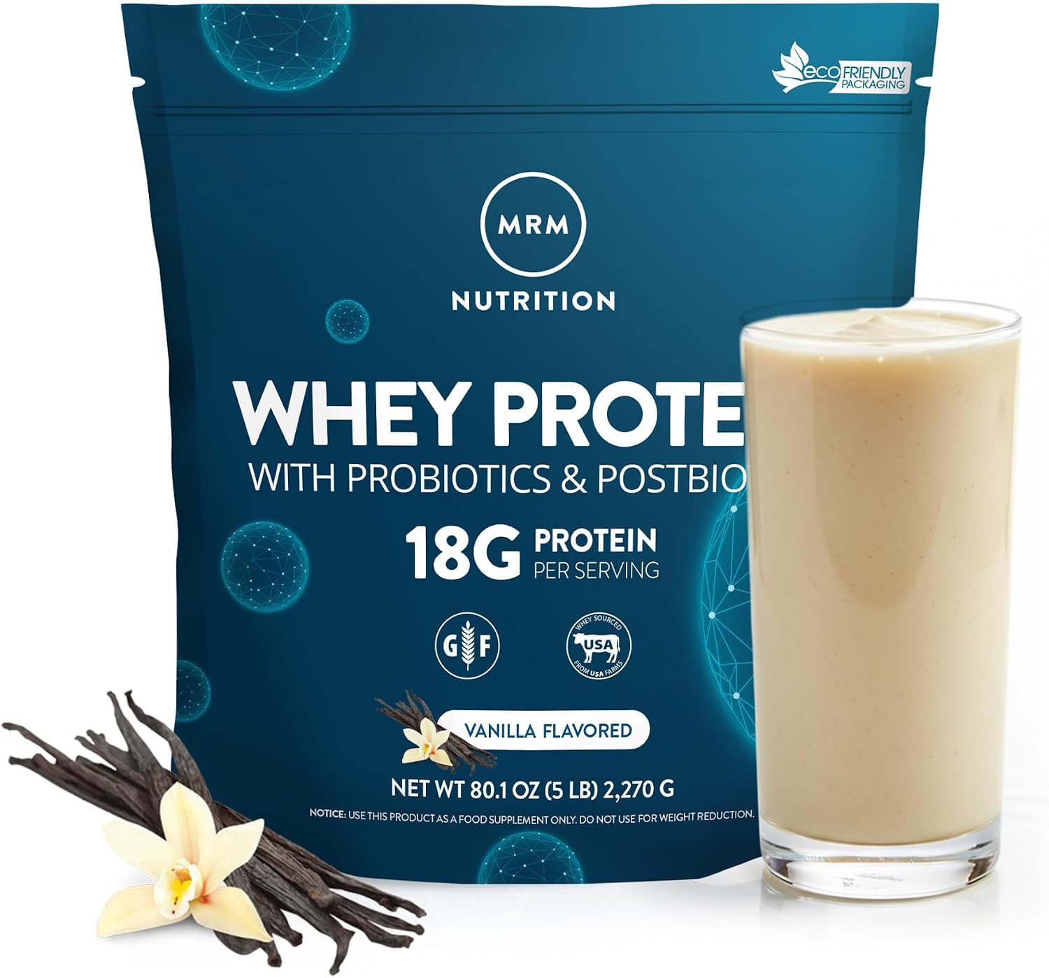 MRM Nutrition Whey Protein - Vanilla Flavored, BCAAs - 34 Servings | Microfiltered Whey Protein Isolate & Concentrate, 16 Different Probiotic Strains, & Digestive Enzymes, Gluten Free