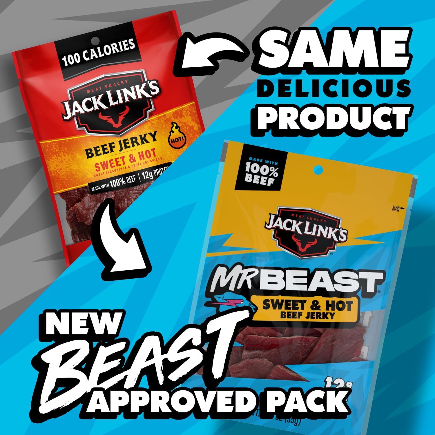 Jack Link's MrBeast Beef Jerky, Peppered Beef Jerky - 10 Count | As Seen on Beast Games, 11g Protein, Made with 100% Real Beef, Pantry-Ready Snacks